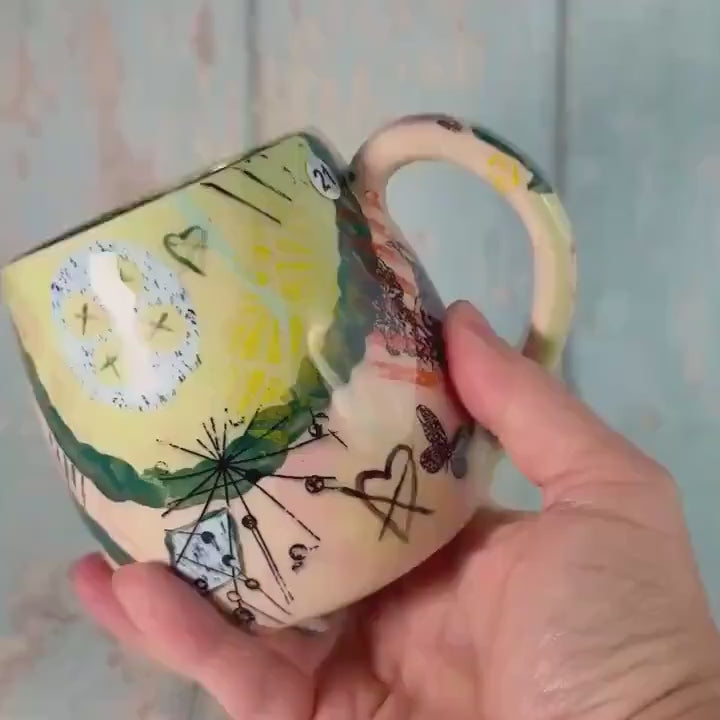 Green Collage Patchwork Mug, Handmade Ceramic Cup