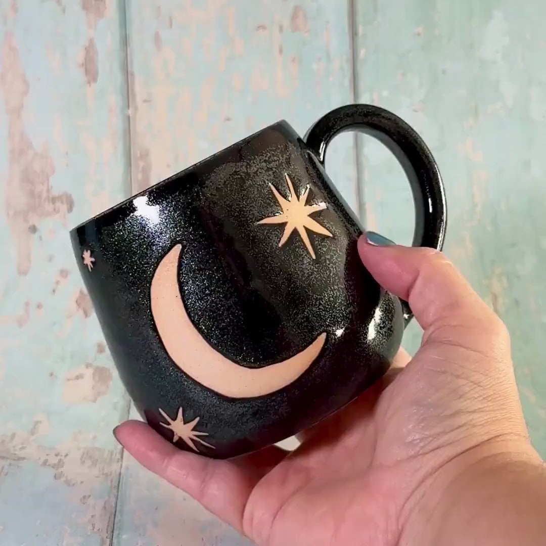 Black Glitter Moon & Star Celestial Mug, Ceramic Cup