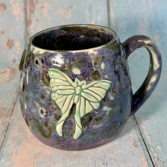 Purple and Green Luna Moth Mug, Large Ceramic Cup - Second - FJD Ceramics