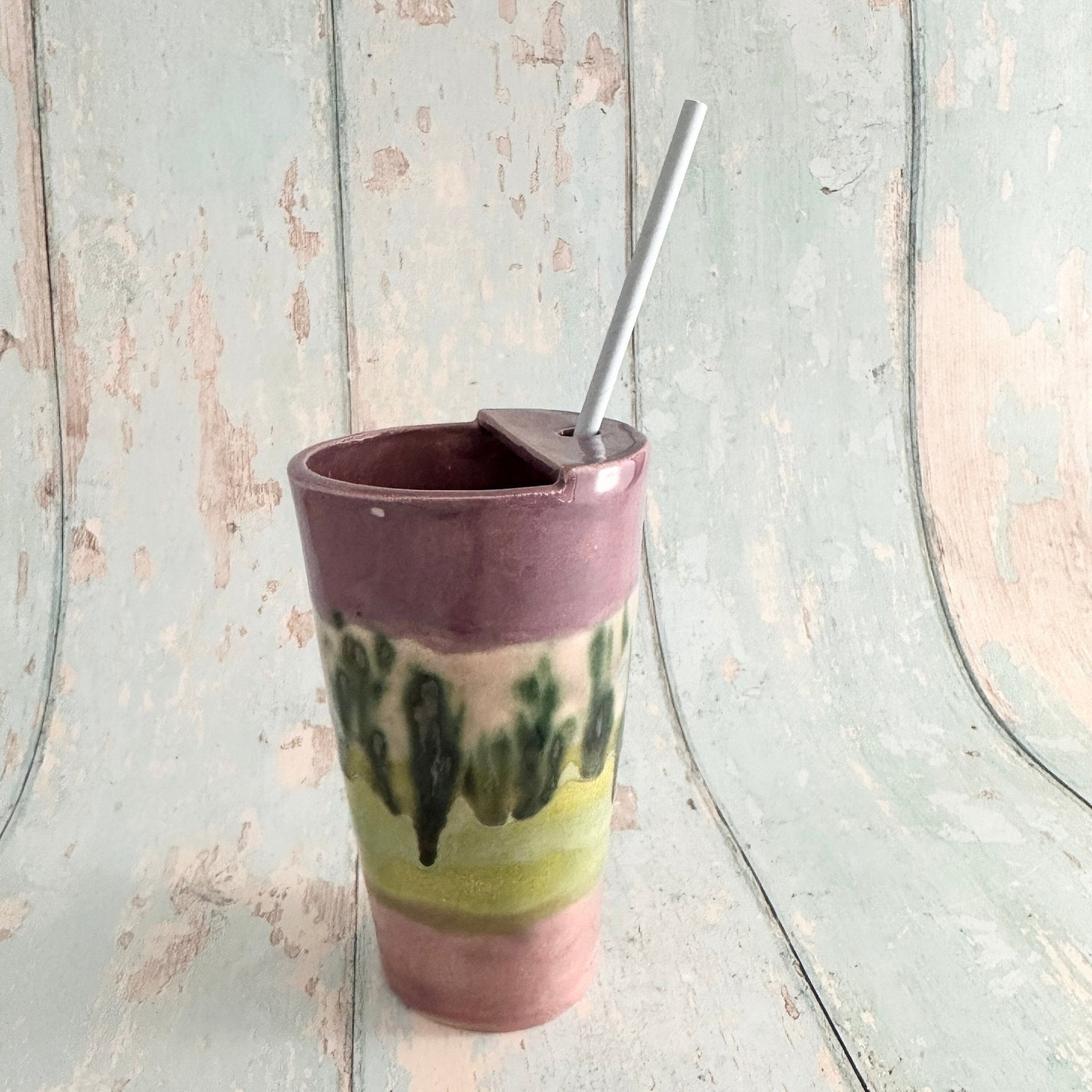 Purple and Green Straw - holder Tumbler, Large Ceramic Cup - FJD Ceramics