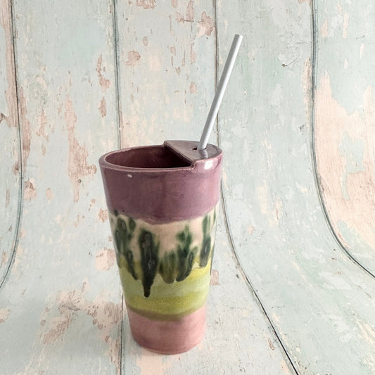 Purple and Green Straw - holder Tumbler, Large Ceramic Cup - FJD Ceramics
