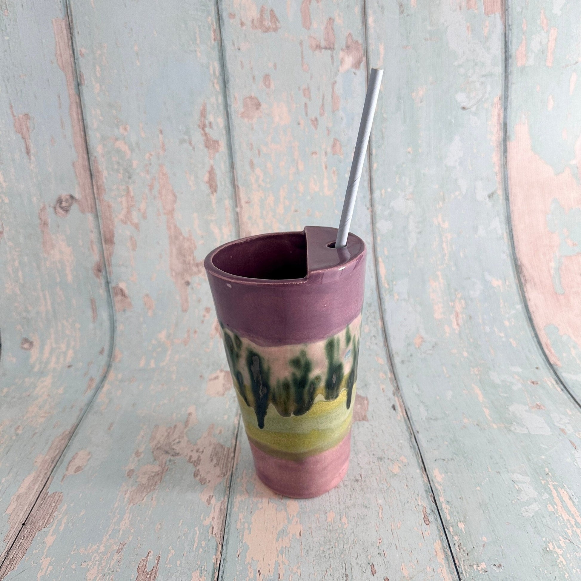 Purple and Green Straw - holder Tumbler, Large Ceramic Cup - FJD Ceramics