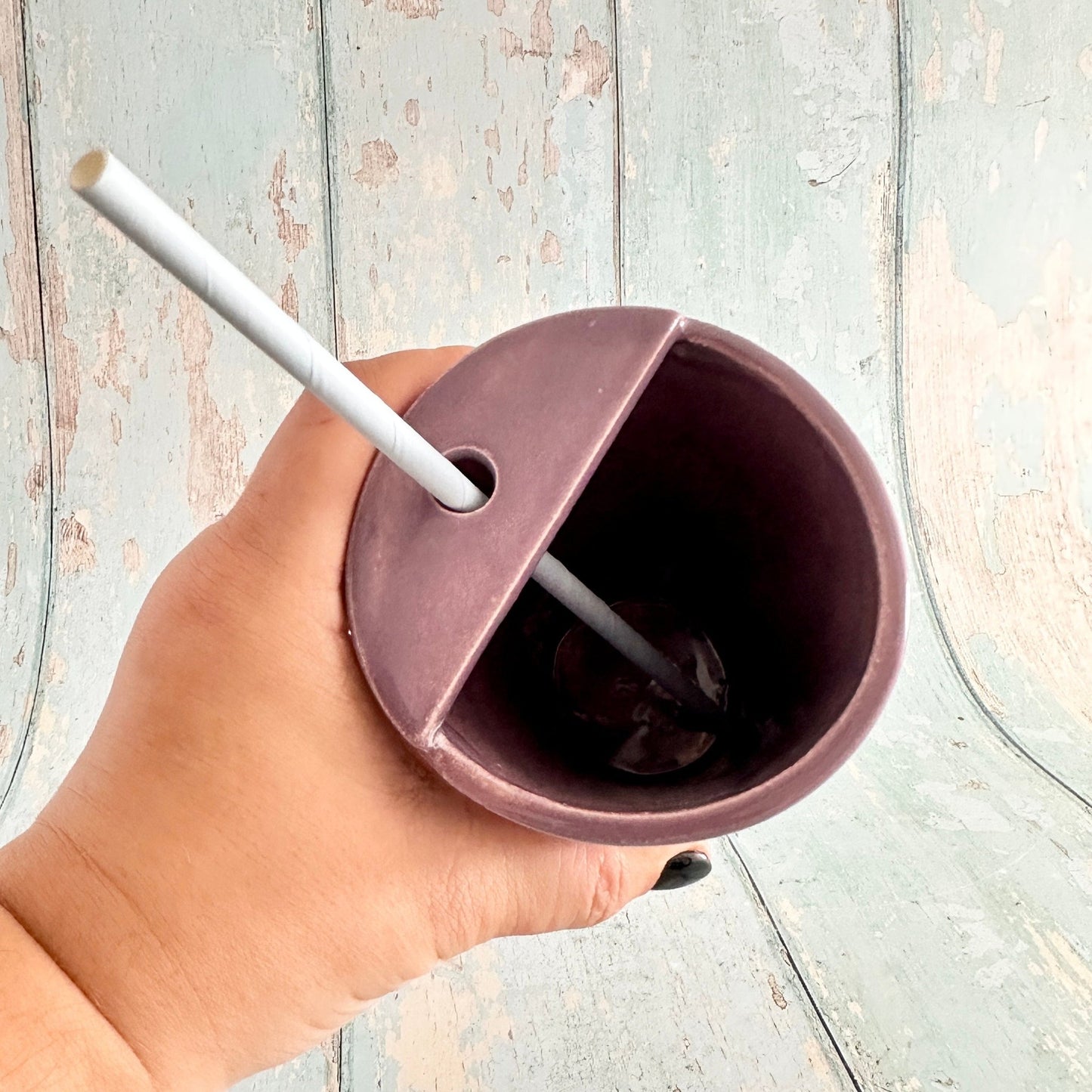 Purple and Green Straw - holder Tumbler, Large Ceramic Cup - FJD Ceramics