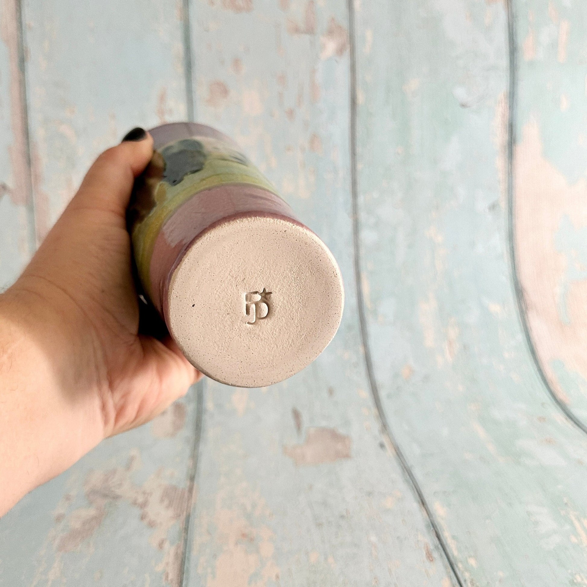 Purple and Green Straw - holder Tumbler, Large Ceramic Cup - FJD Ceramics