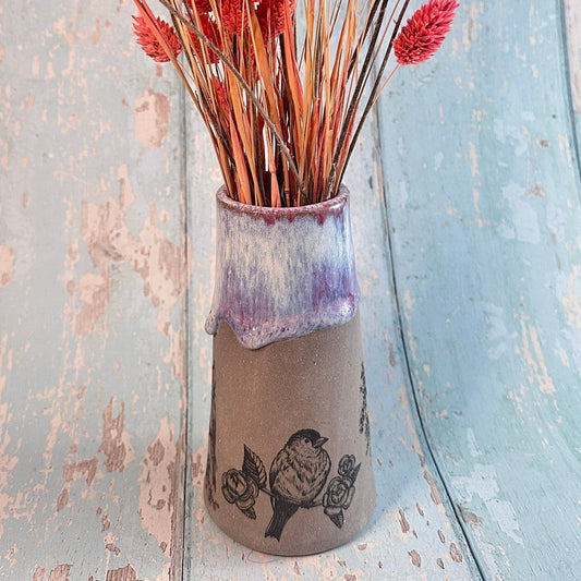 Purple Bird Floral Ceramic Vase, Handmade Modern Pottery - FJD Ceramics