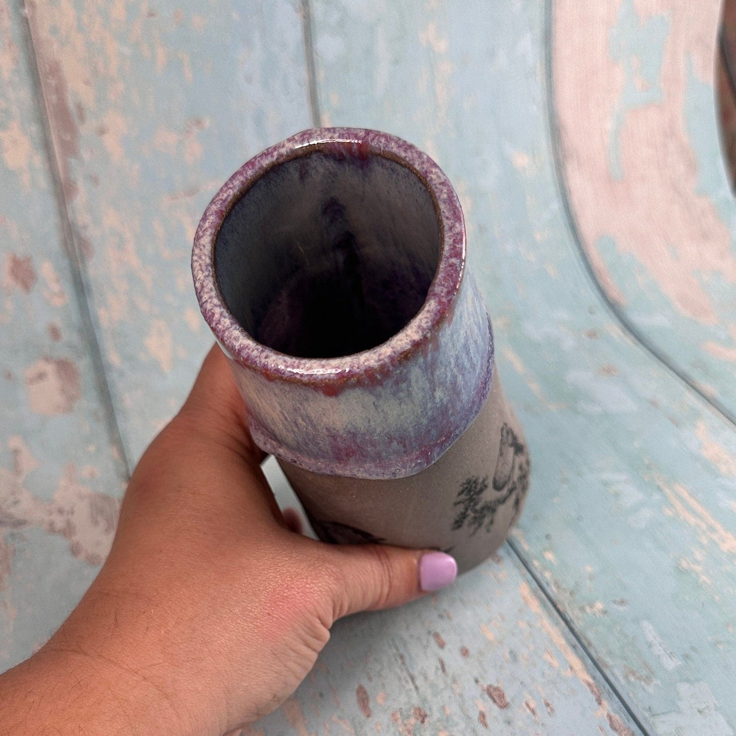 Purple Bird Floral Ceramic Vase, Handmade Modern Pottery - FJD Ceramics