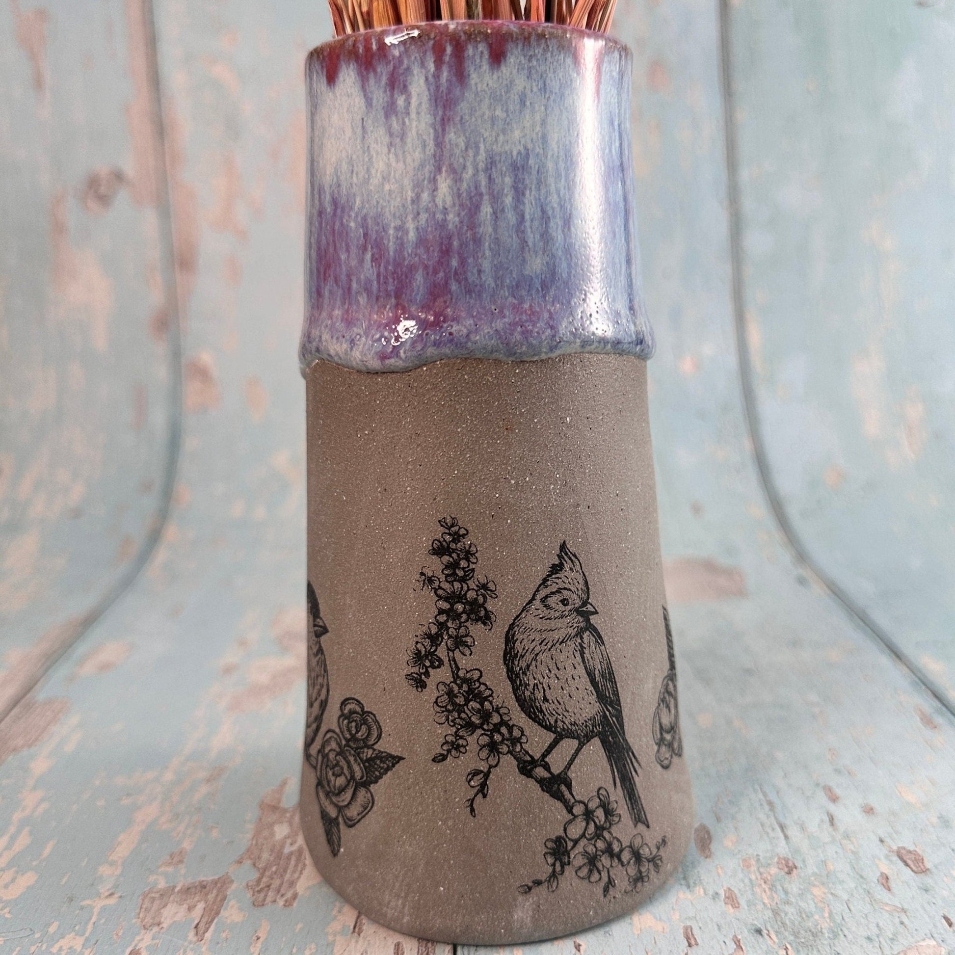 Purple Bird Floral Ceramic Vase, Handmade Modern Pottery - FJD Ceramics
