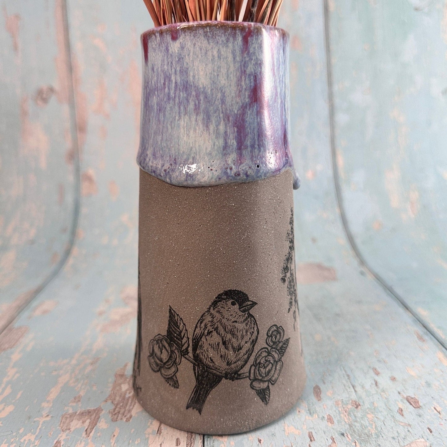 Purple Bird Floral Ceramic Vase, Handmade Modern Pottery - FJD Ceramics
