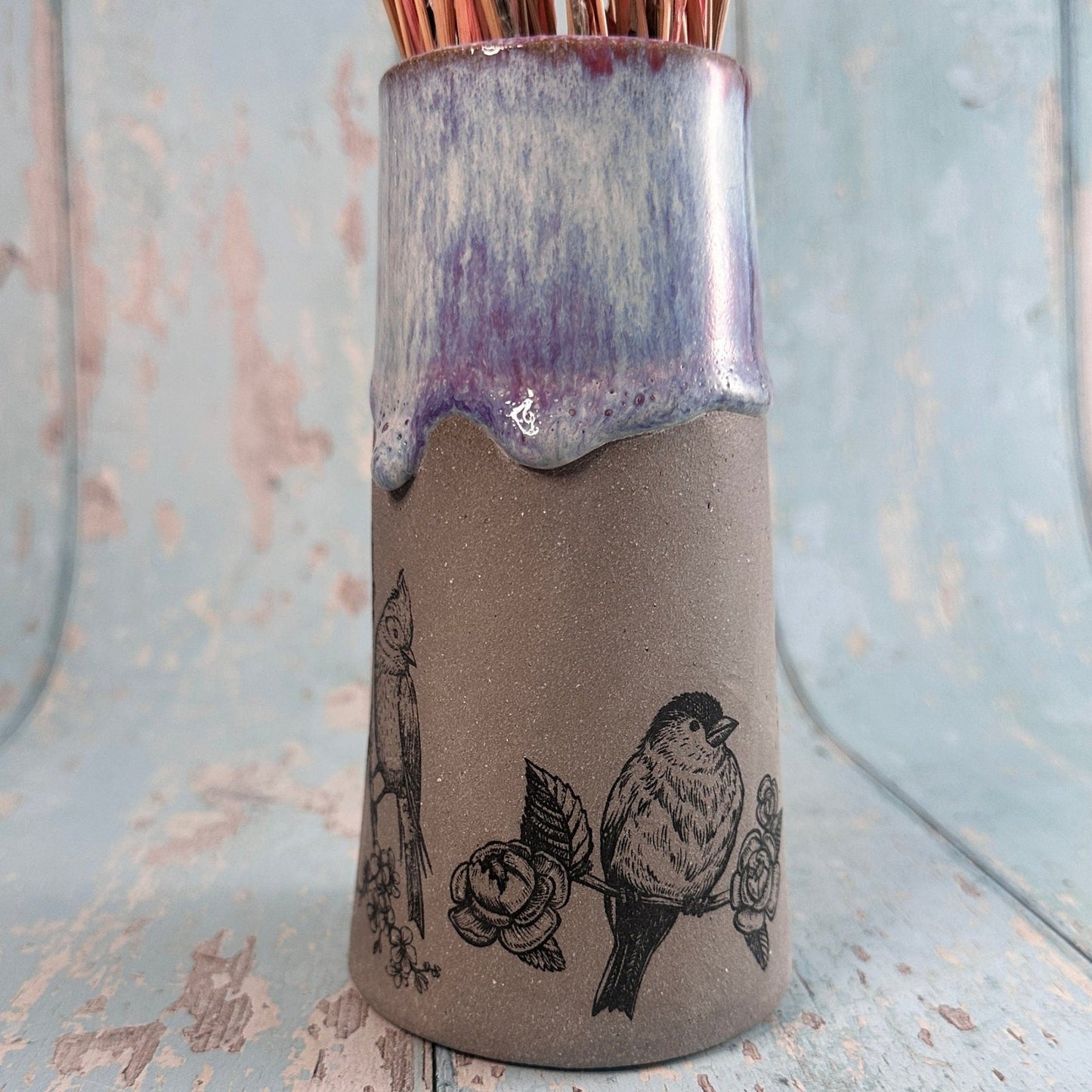 Purple Bird Floral Ceramic Vase, Handmade Modern Pottery - FJD Ceramics