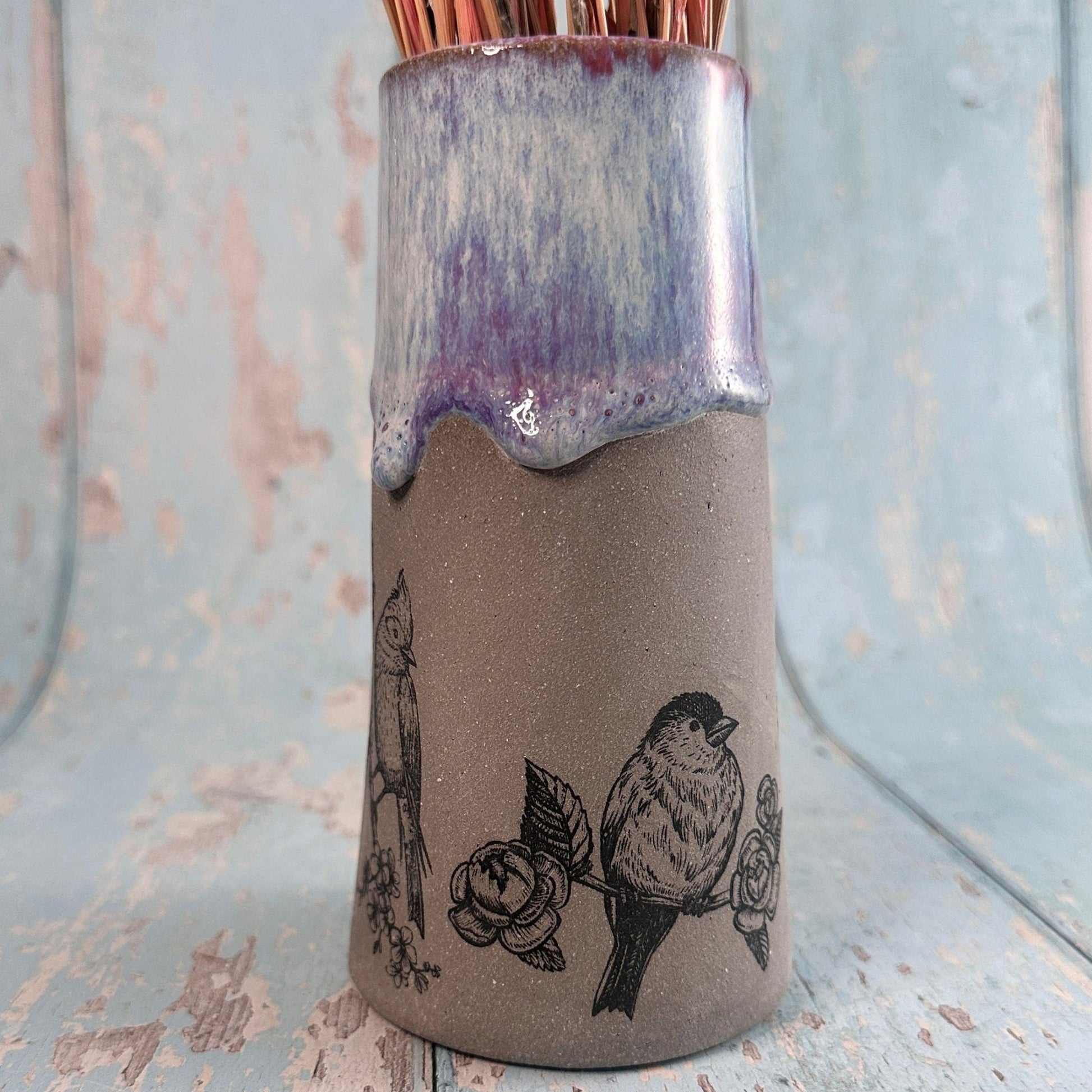 Purple Bird Floral Ceramic Vase, Handmade Modern Pottery - FJD Ceramics