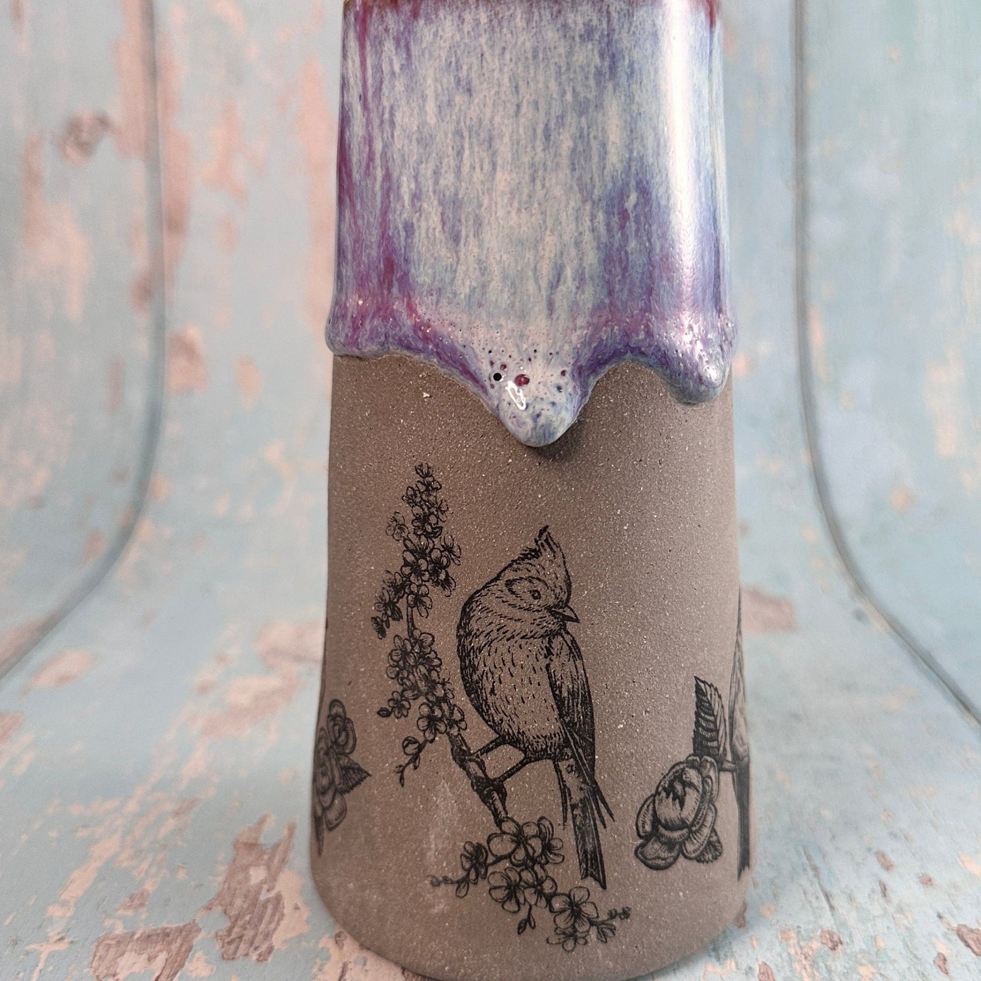Purple Bird Floral Ceramic Vase, Handmade Modern Pottery - FJD Ceramics