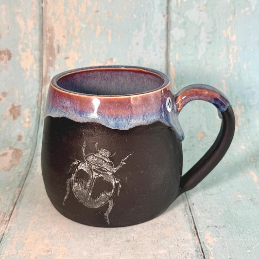 Purple & Black Beetle Mug, Large Ceramic Cup - FJD Ceramics