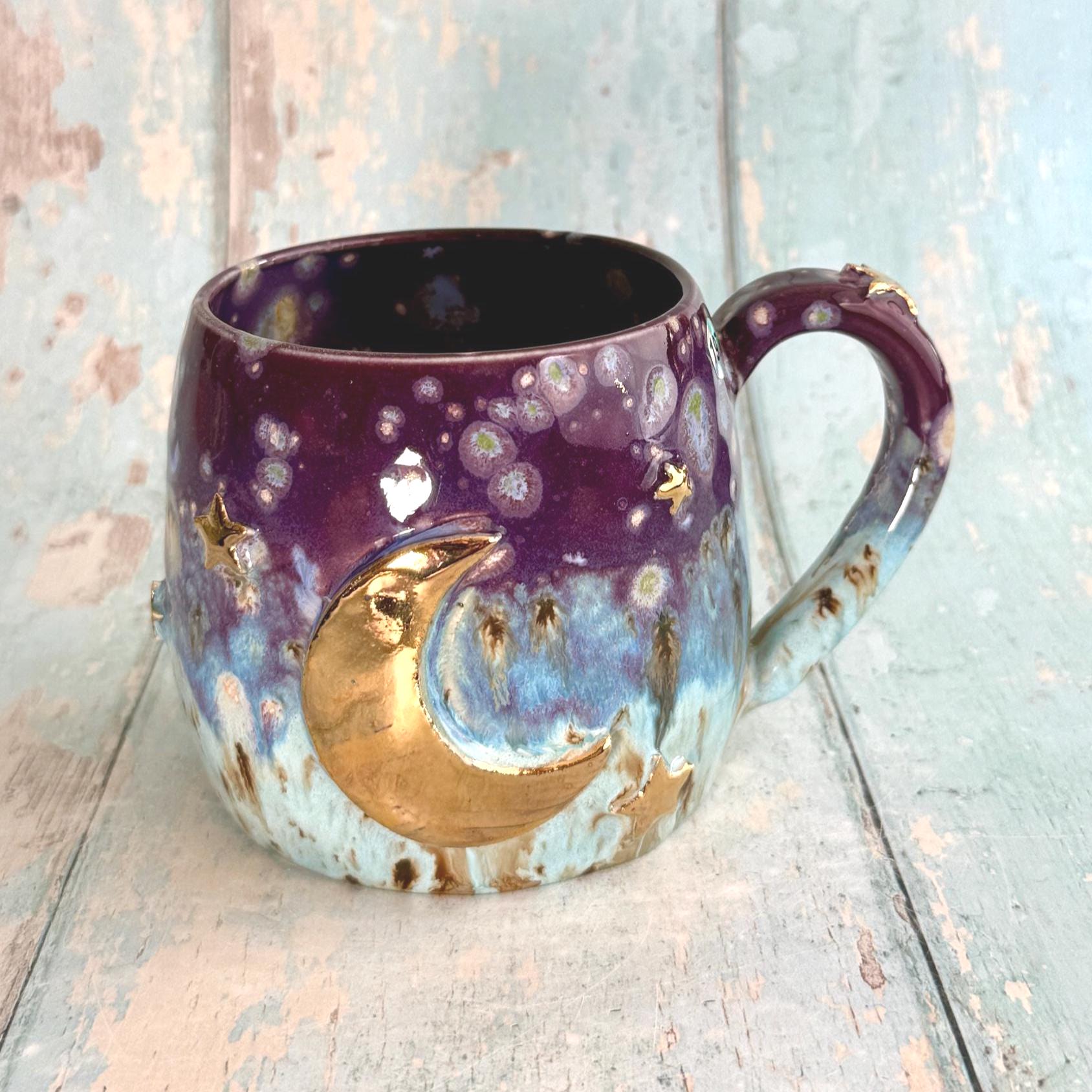 Purple, Blue & Gold Moon Celestial Mug, Large Ceramic Cup - FJD Ceramics