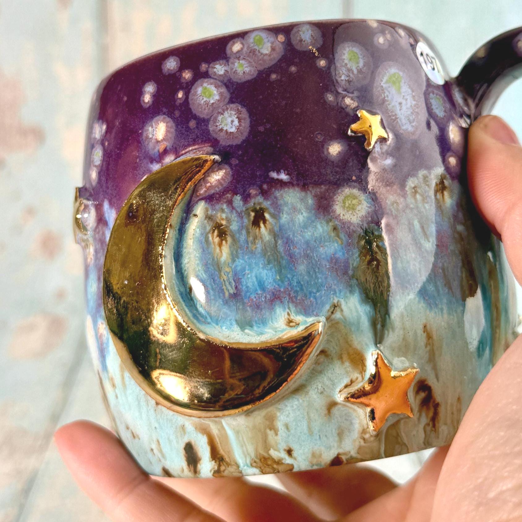 Purple, Blue & Gold Moon Celestial Mug, Large Ceramic Cup - FJD Ceramics