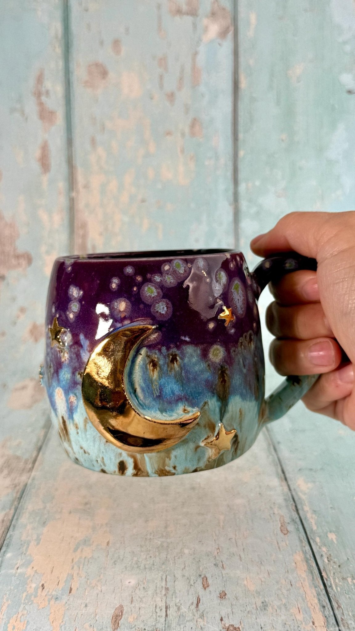 Purple, Blue & Gold Moon Celestial Mug, Large Ceramic Cup - FJD Ceramics
