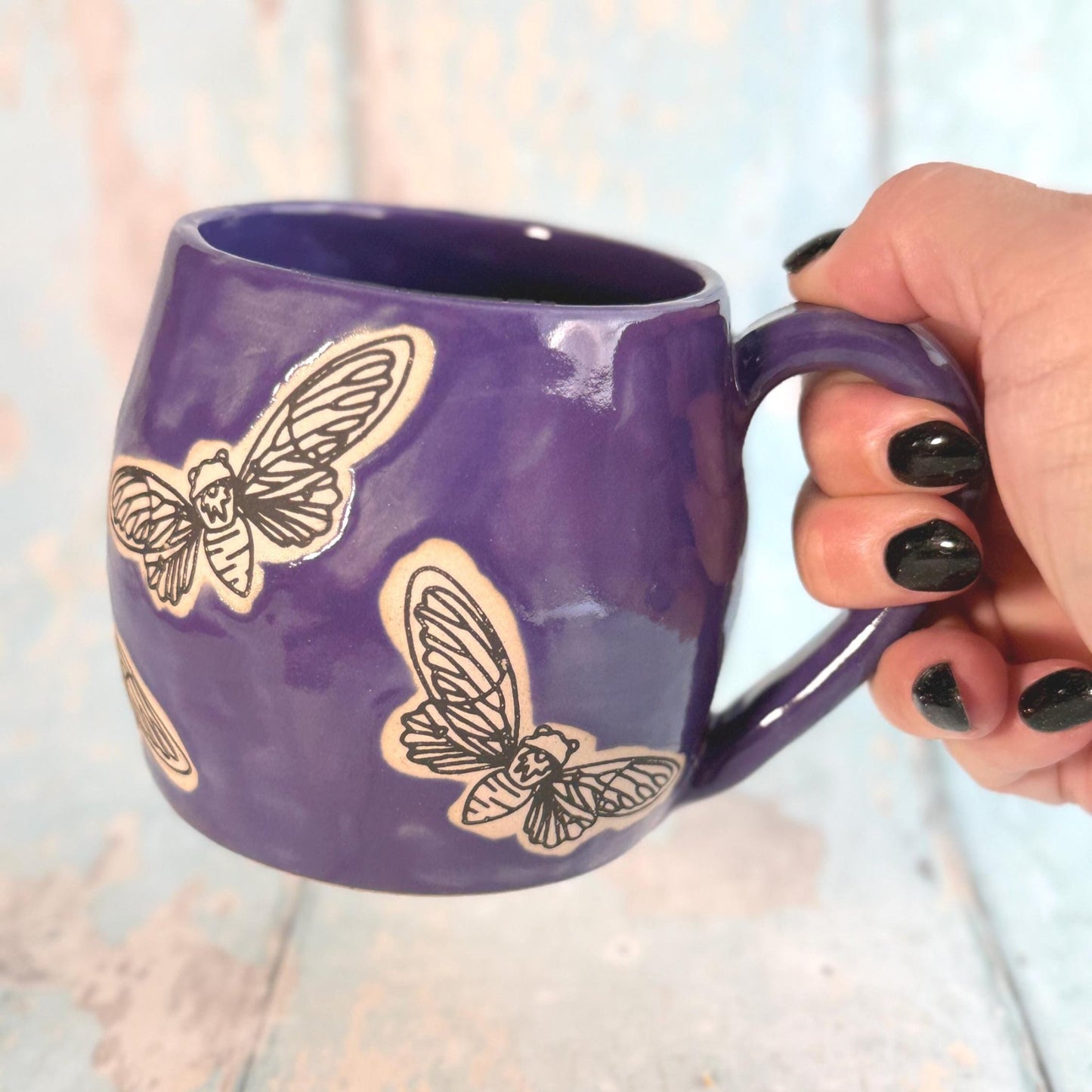 Purple Cicadas Mug, Large Ceramic Cup - FJD Ceramics
