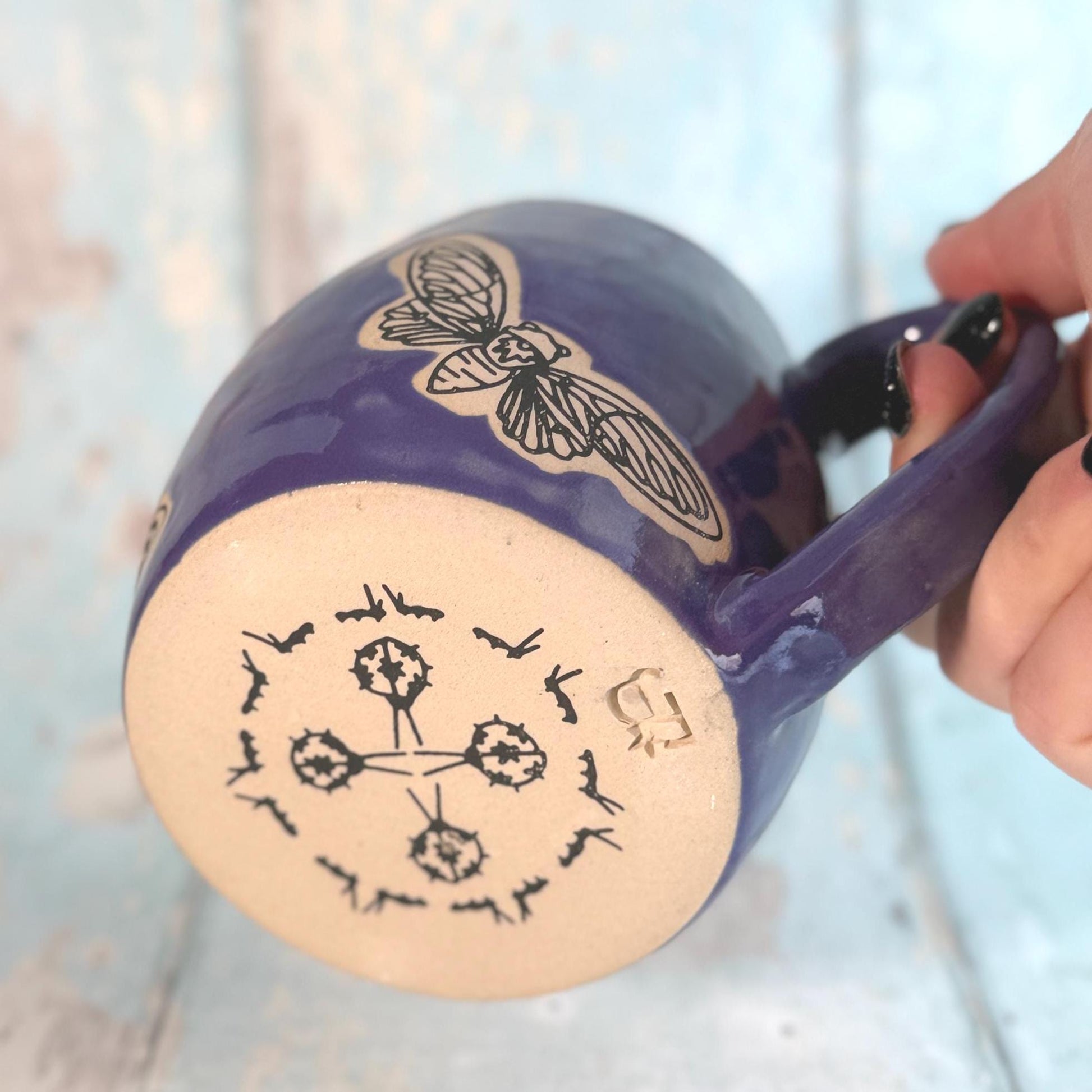 Purple Cicadas Mug, Large Ceramic Cup - FJD Ceramics