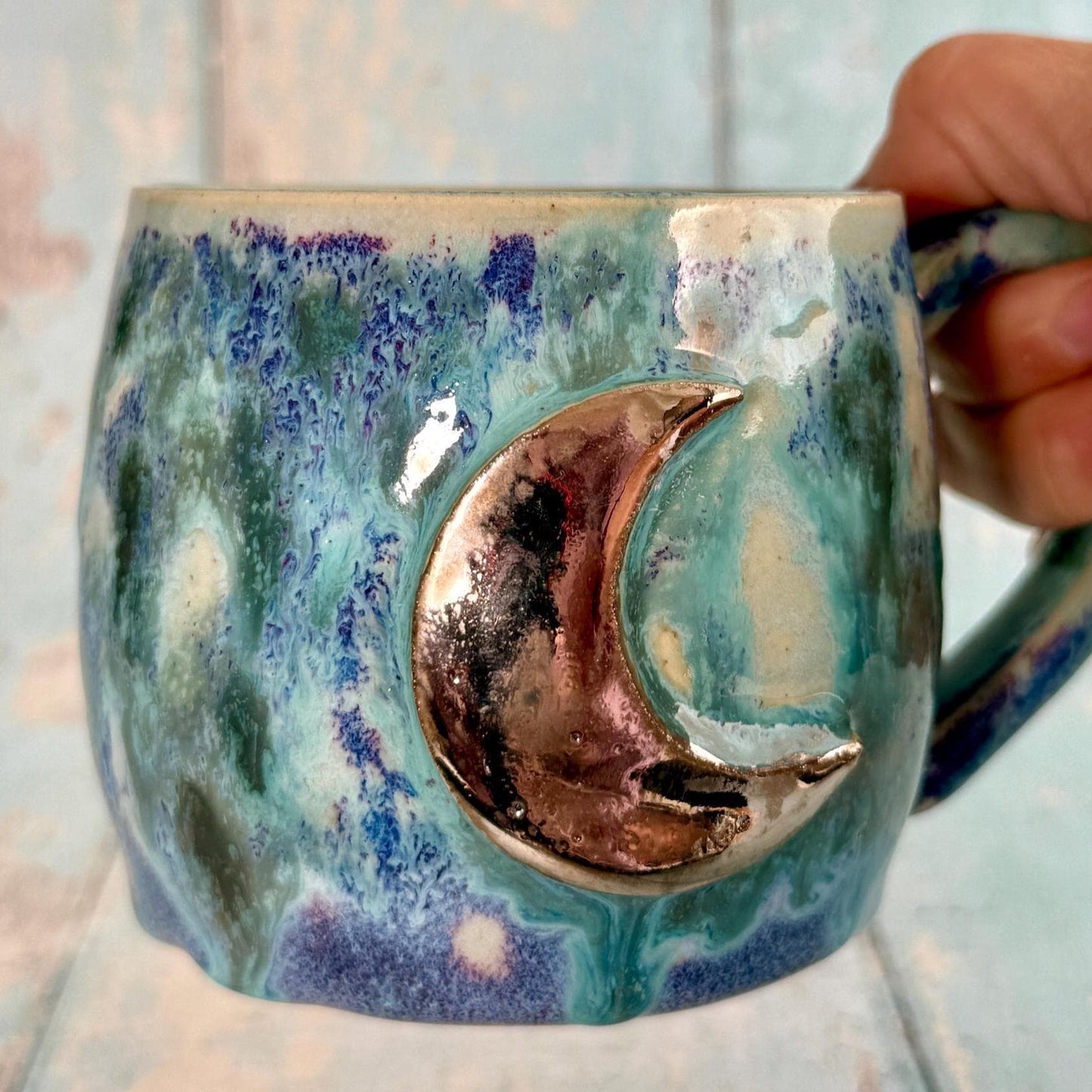 Purple, Geen & Silver Moon Celestial Mug, Large Ceramic Cup - FJD Ceramics