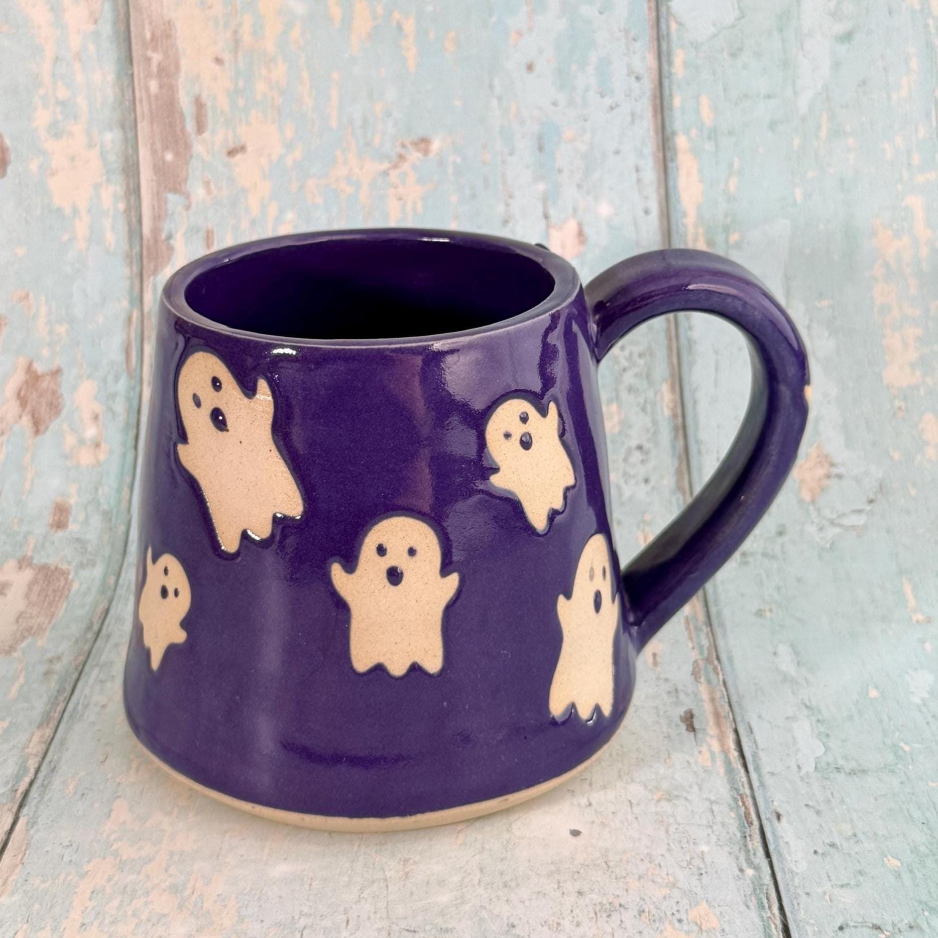 Purple Ghost Mug, Handmade Ceramic Cup, Spooky Halloween Mug - FJD Ceramics