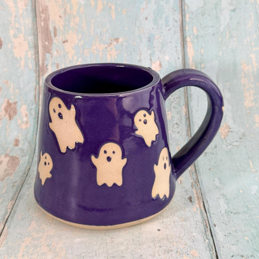 Purple Ghost Mug, Handmade Ceramic Cup, Spooky Halloween Mug - FJD Ceramics