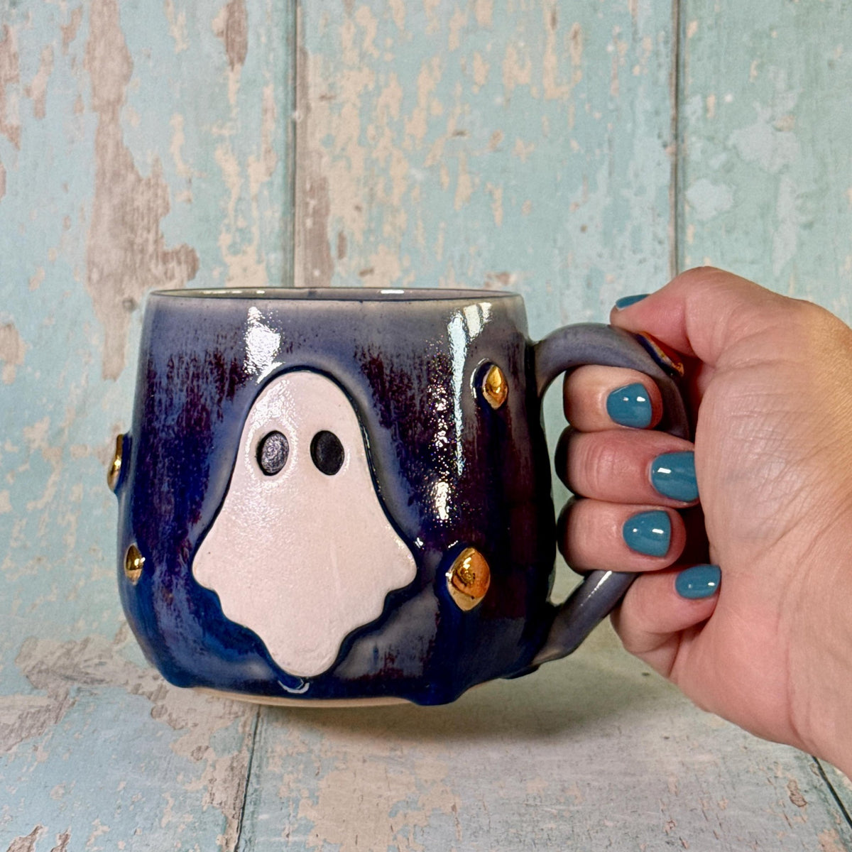 Purple Ghost Mug, Handmade Ceramic Cup, Spooky Halloween Mug - FJD Ceramics