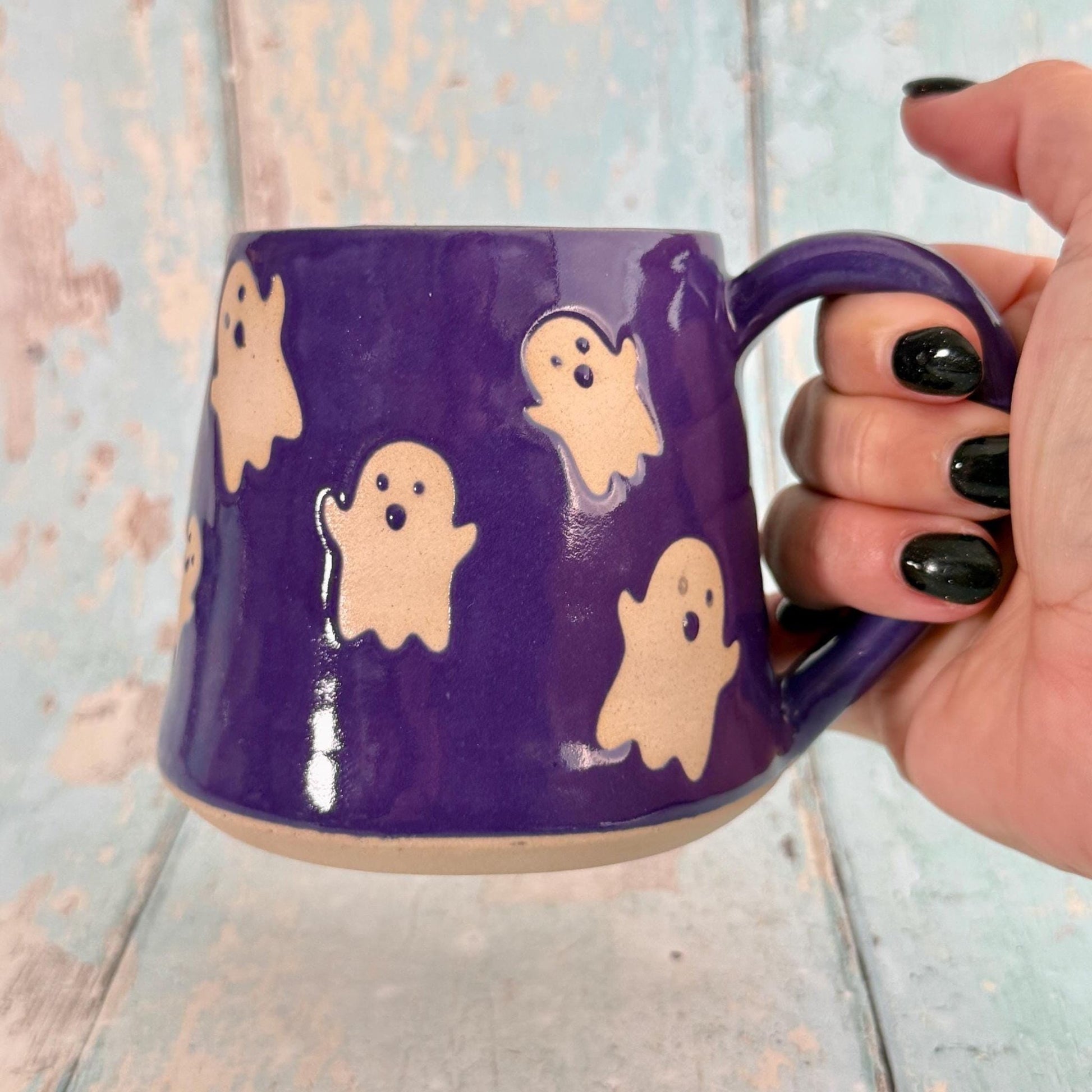 Purple Ghost Mug, Handmade Ceramic Cup, Spooky Halloween Mug - FJD Ceramics