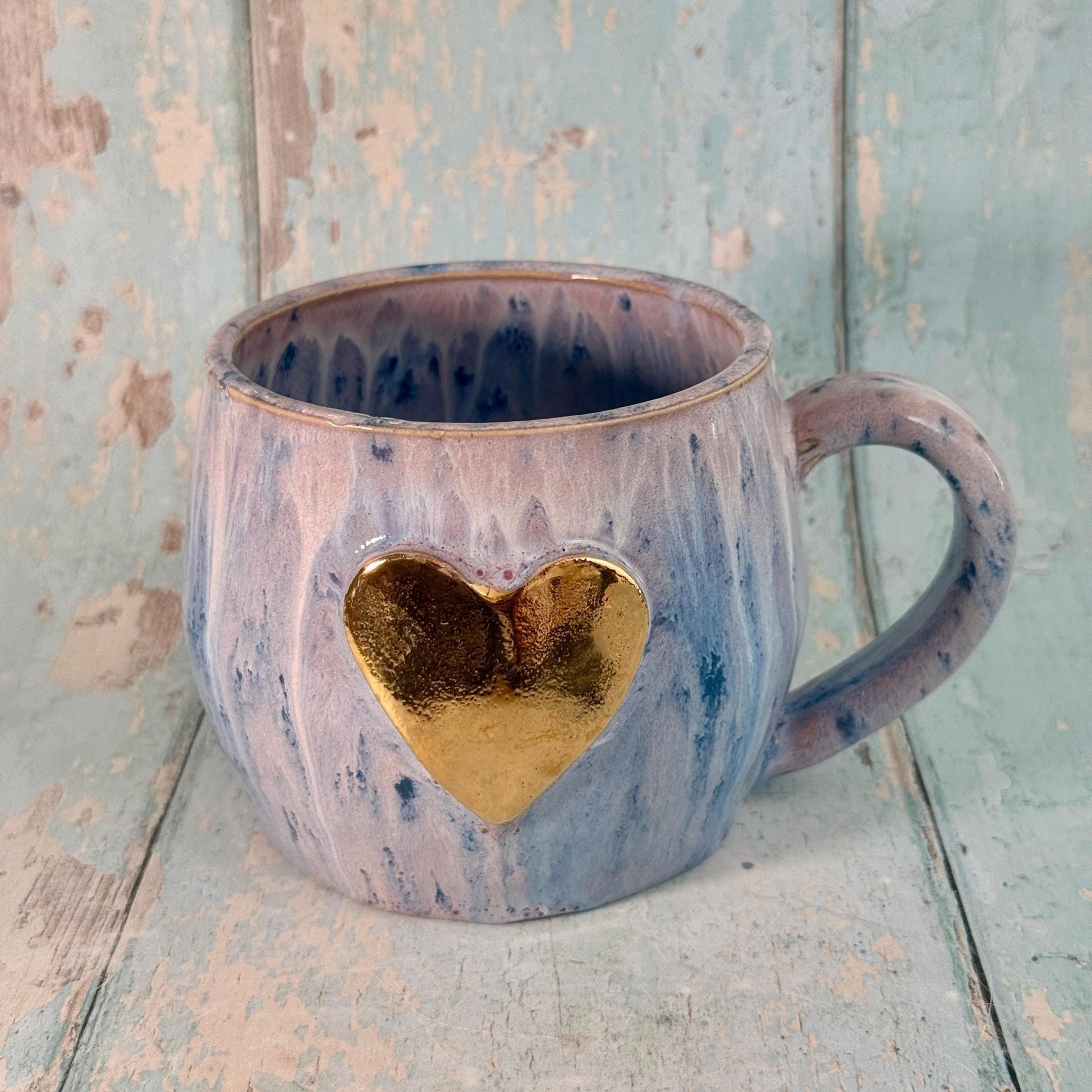 Purple Gold Heart Ceramic Mug, Large Pottery Cup - FJD Ceramics