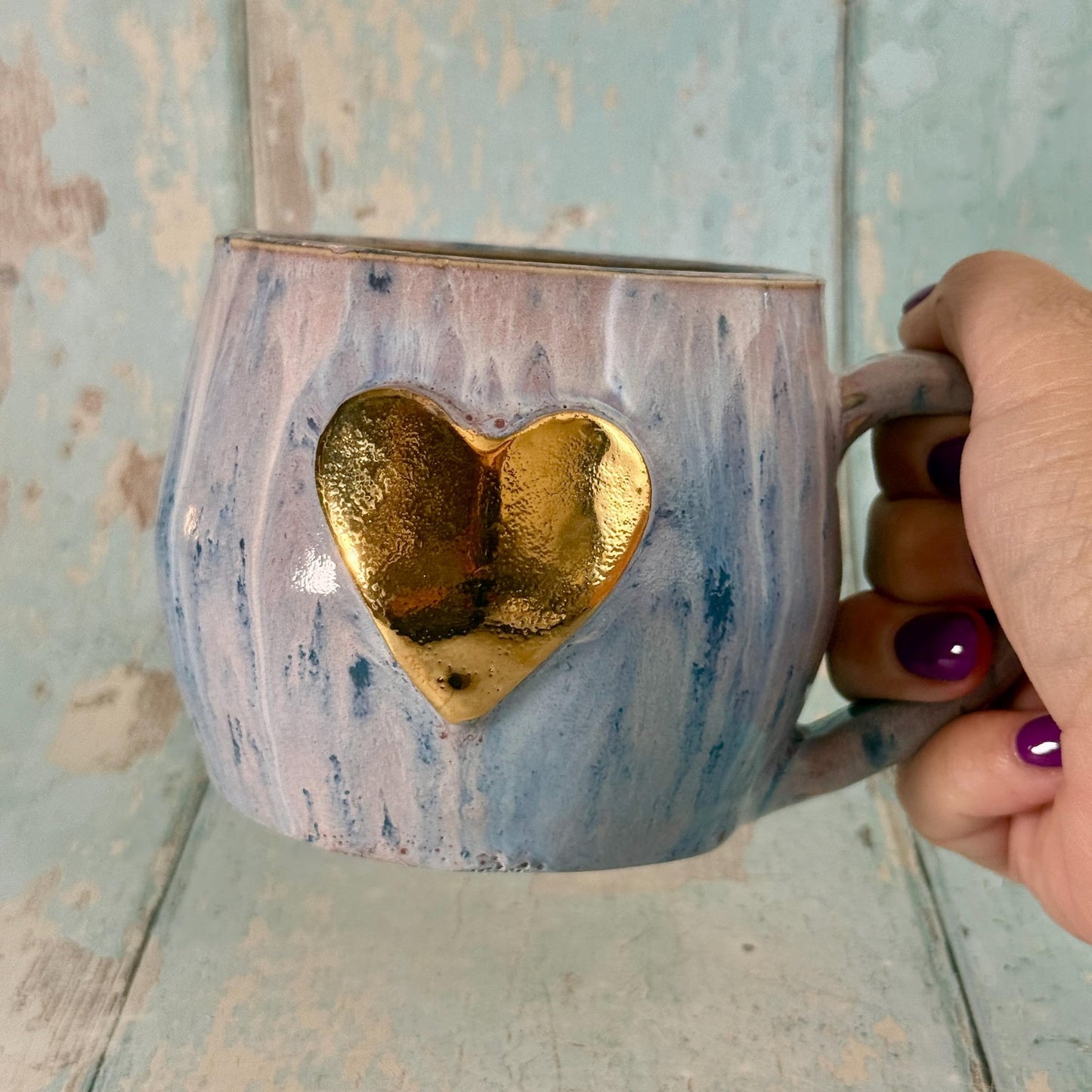 Purple Gold Heart Ceramic Mug, Large Pottery Cup - FJD Ceramics