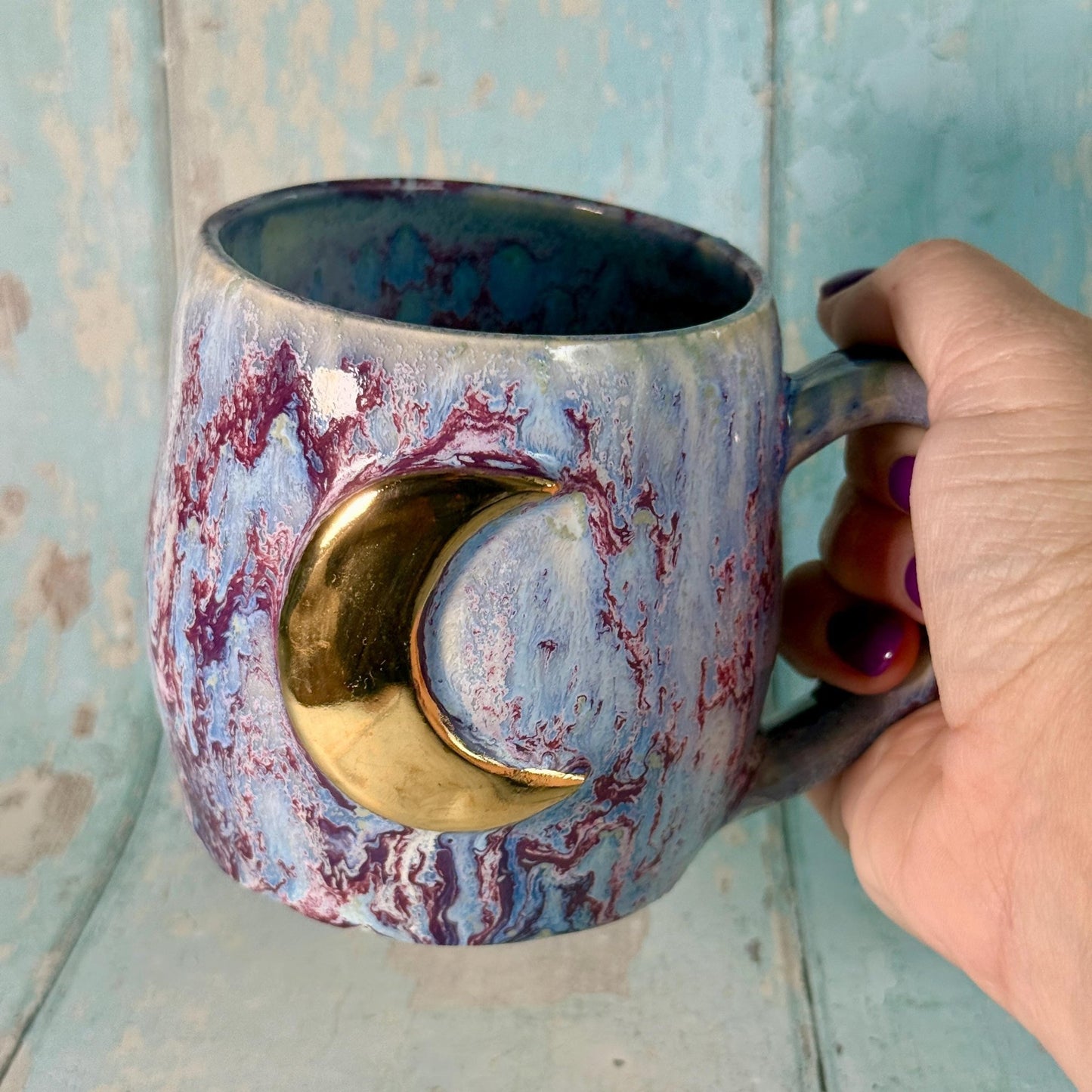 Purple Gold Moon Mug, Handmade Ceramic Mug - FJD Ceramics