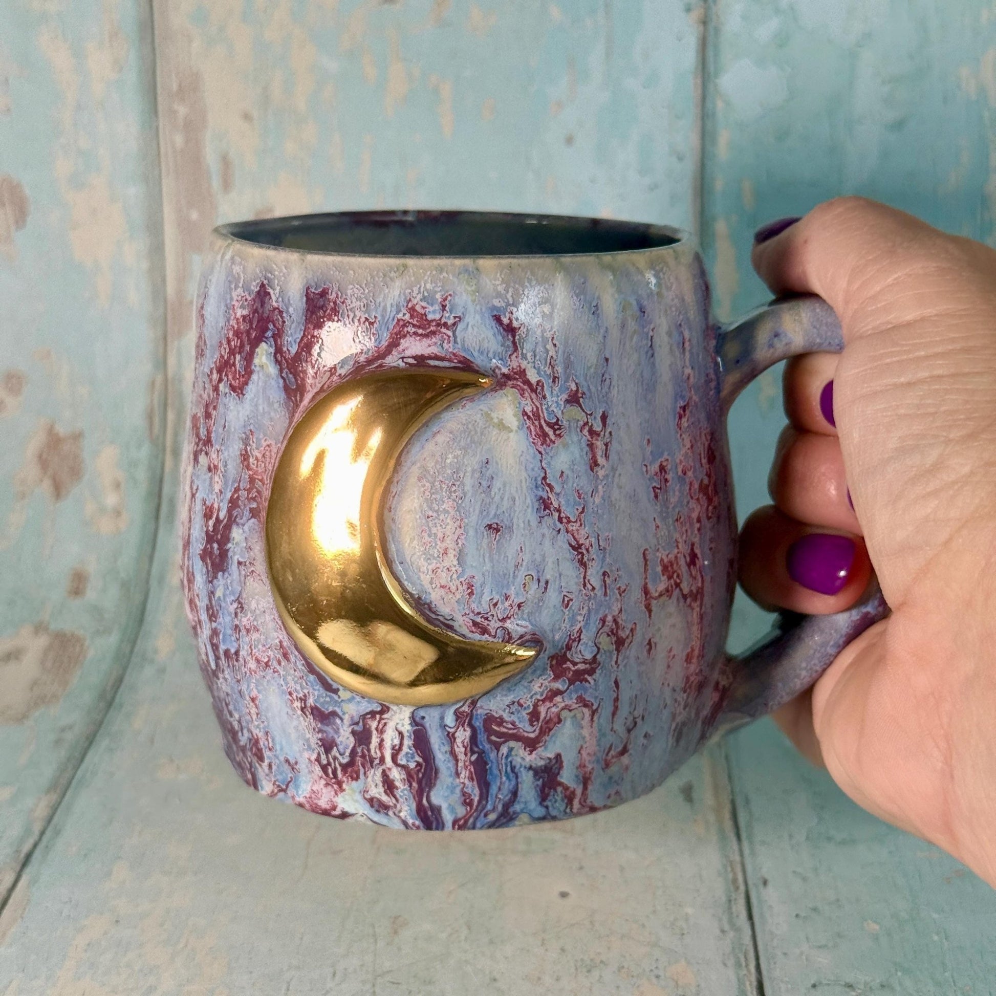 Purple Gold Moon Mug, Handmade Ceramic Mug - FJD Ceramics