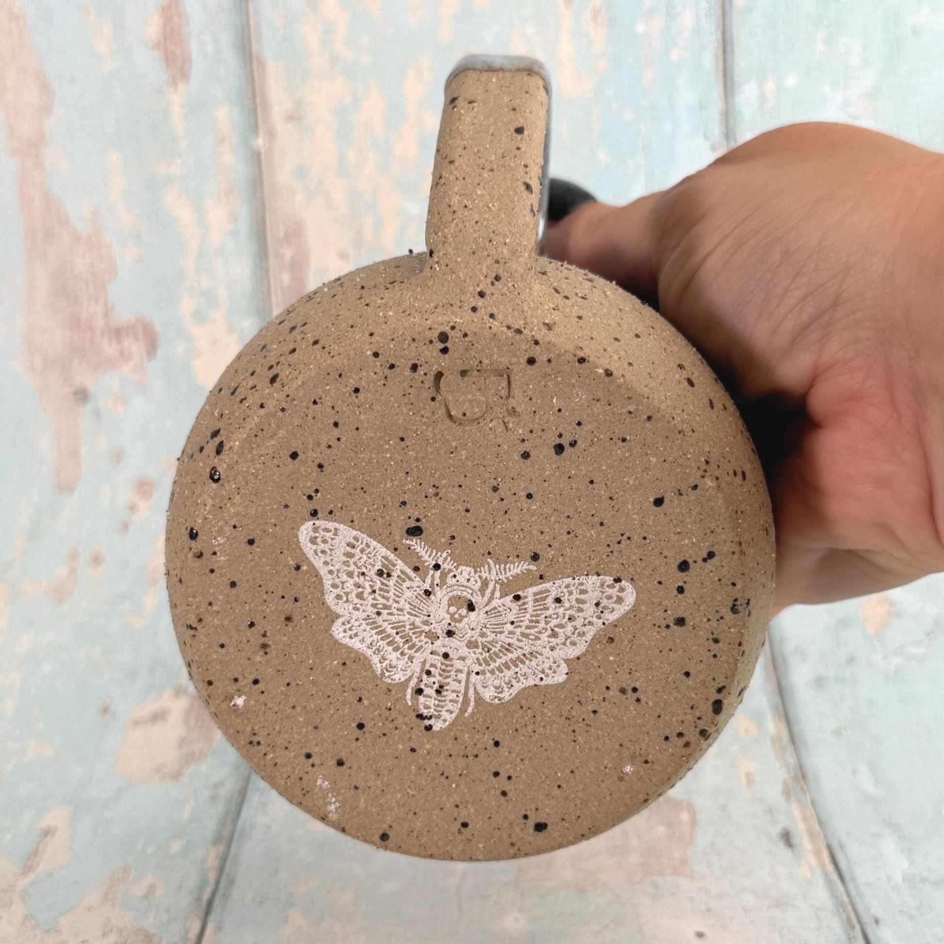 Purple Skull Moth Mug, Large Black Ceramic Cup - FJD Ceramics