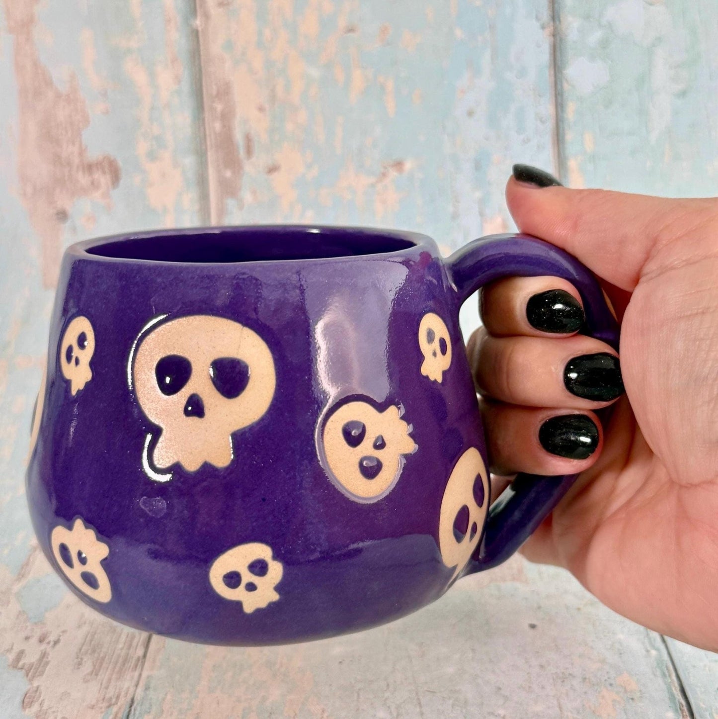 Purple Skull Mug, Handmade Ceramic Cup, Spooky Halloween Mug - FJD Ceramics