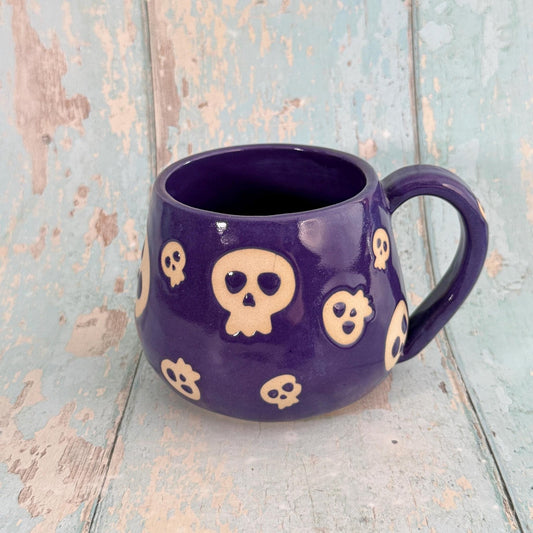 Purple Skull Mug, Handmade Ceramic Cup, Spooky Halloween Mug - FJD Ceramics