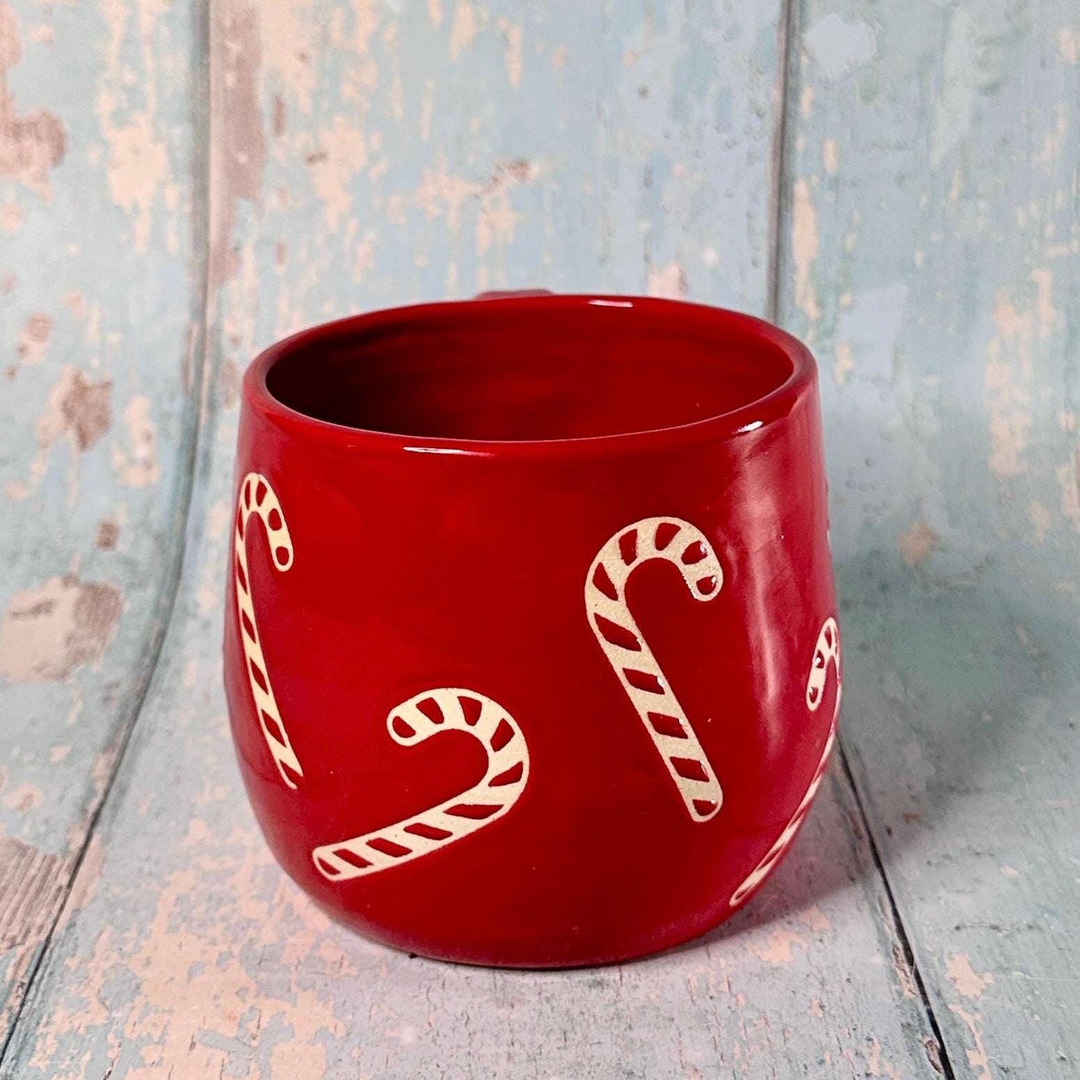 Red Christmas Candy Cane Mug, Handmade Ceramic Cup - FJD Ceramics