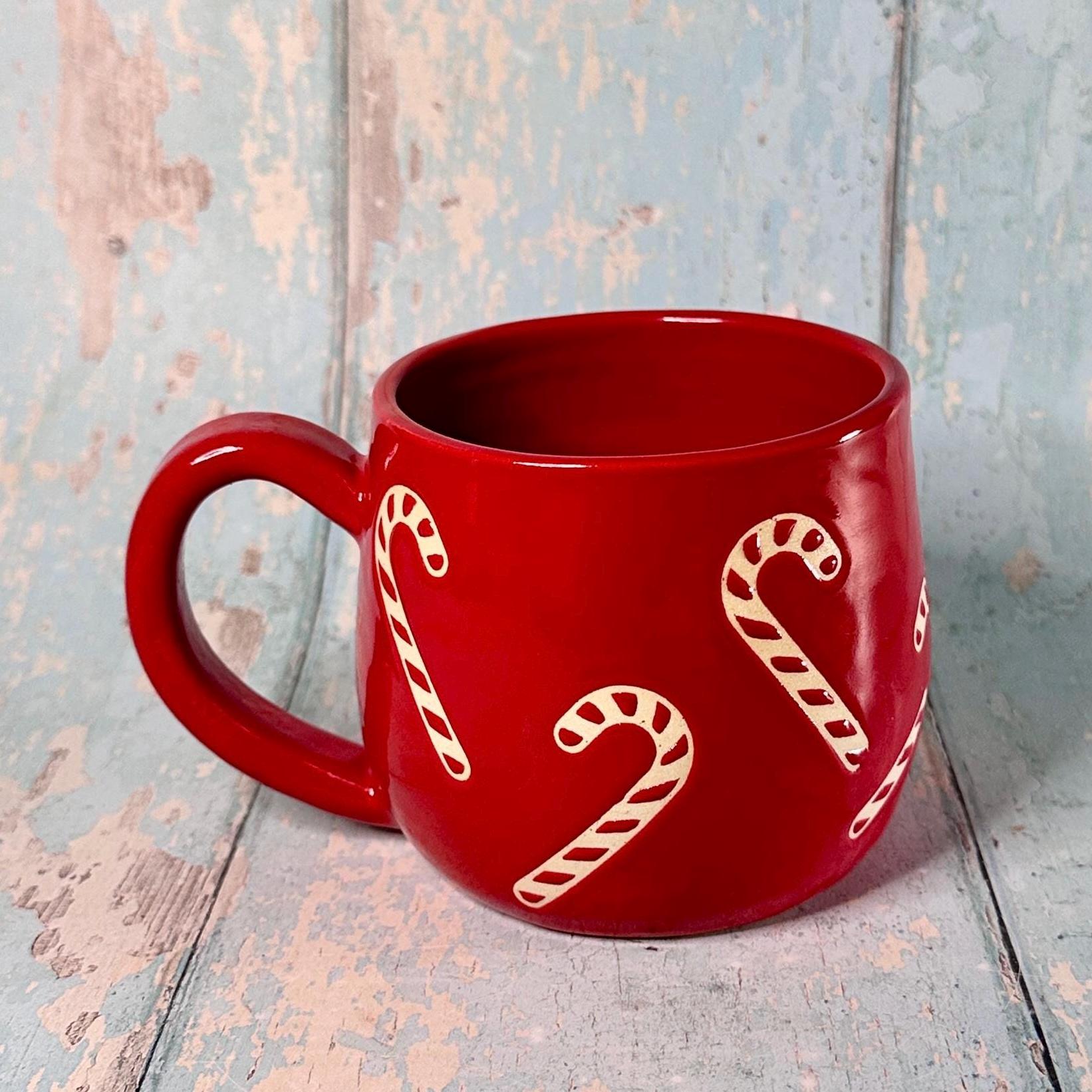 Red Christmas Candy Cane Mug, Handmade Ceramic Cup - FJD Ceramics