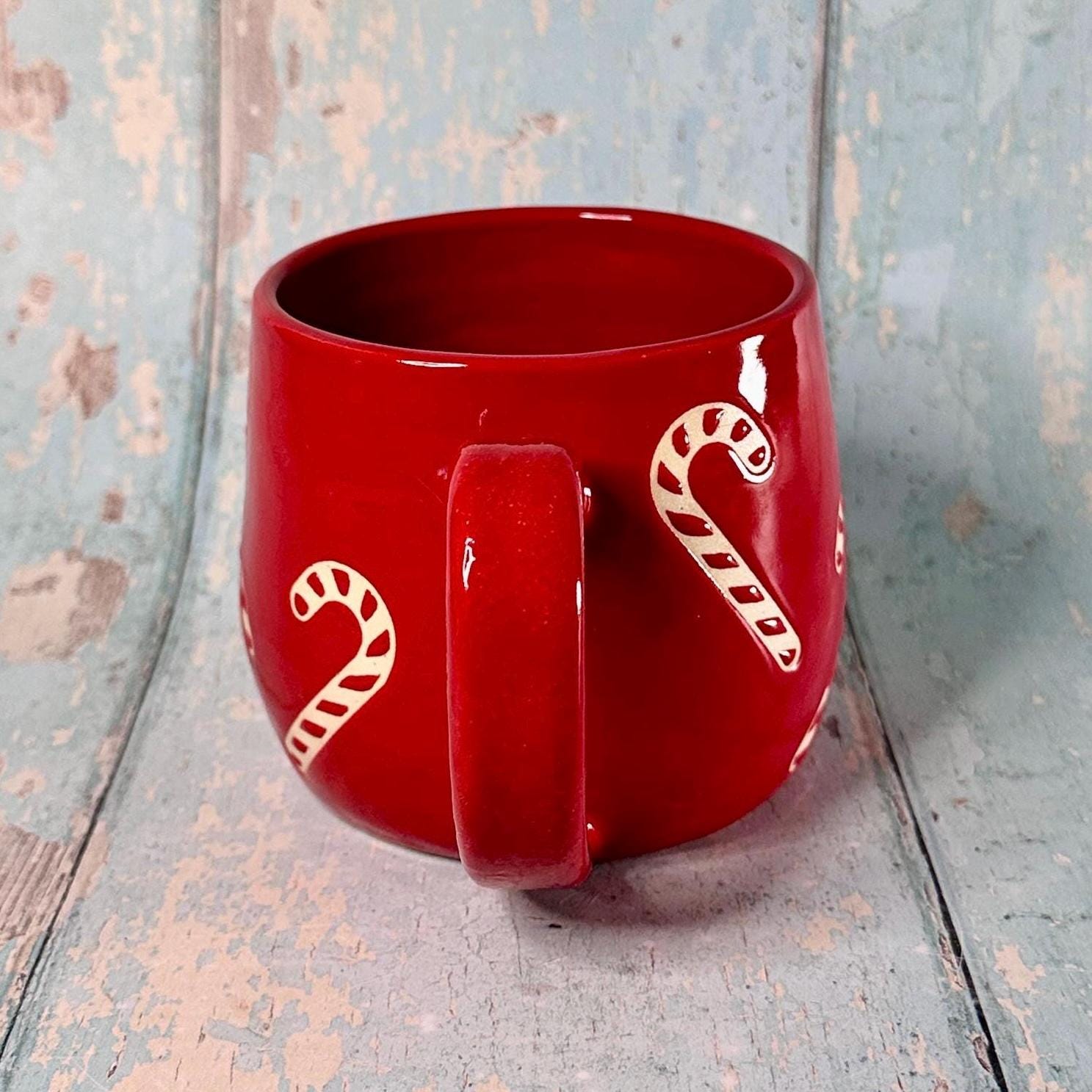 Red Christmas Candy Cane Mug, Handmade Ceramic Cup - FJD Ceramics