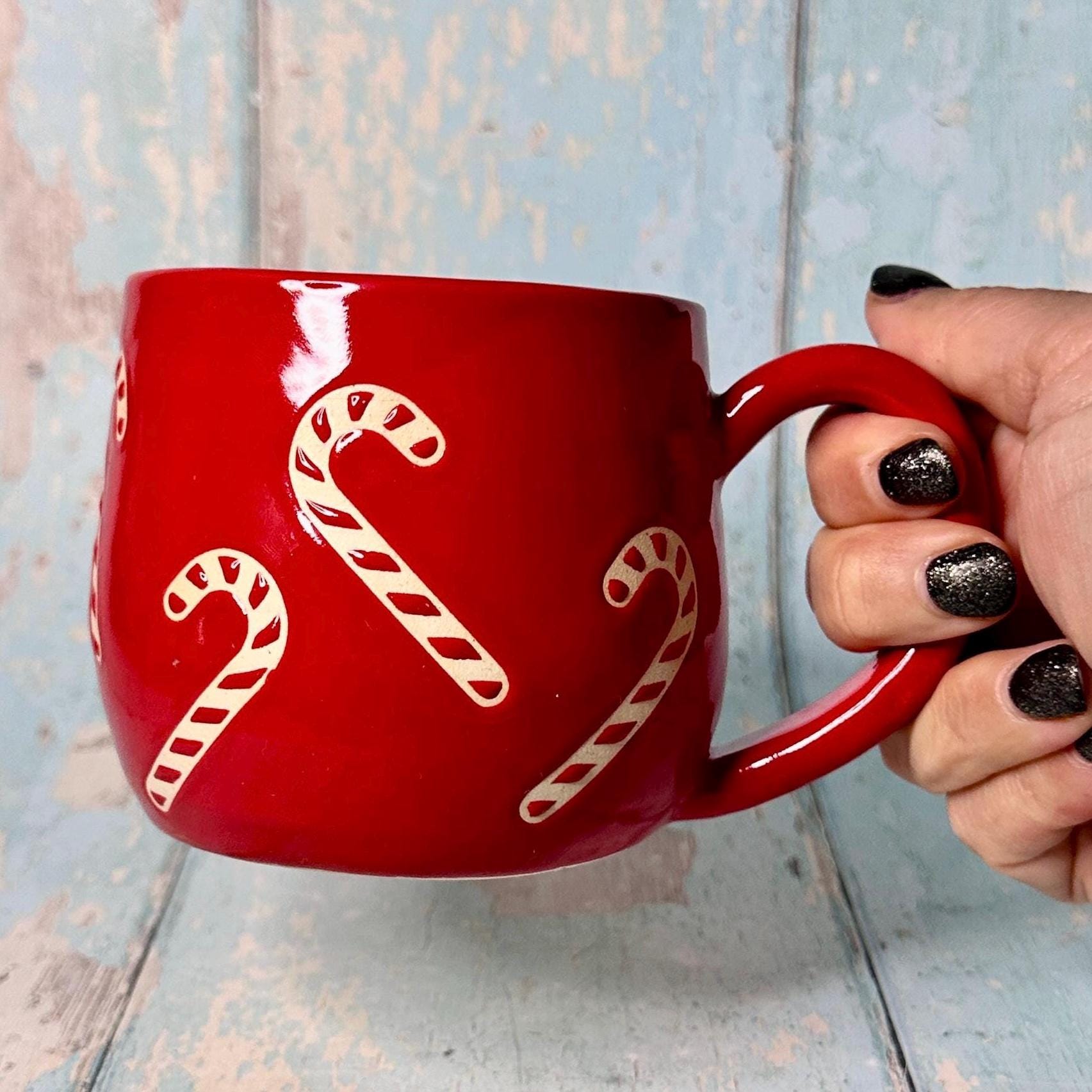 Red Christmas Candy Cane Mug, Handmade Ceramic Cup - FJD Ceramics