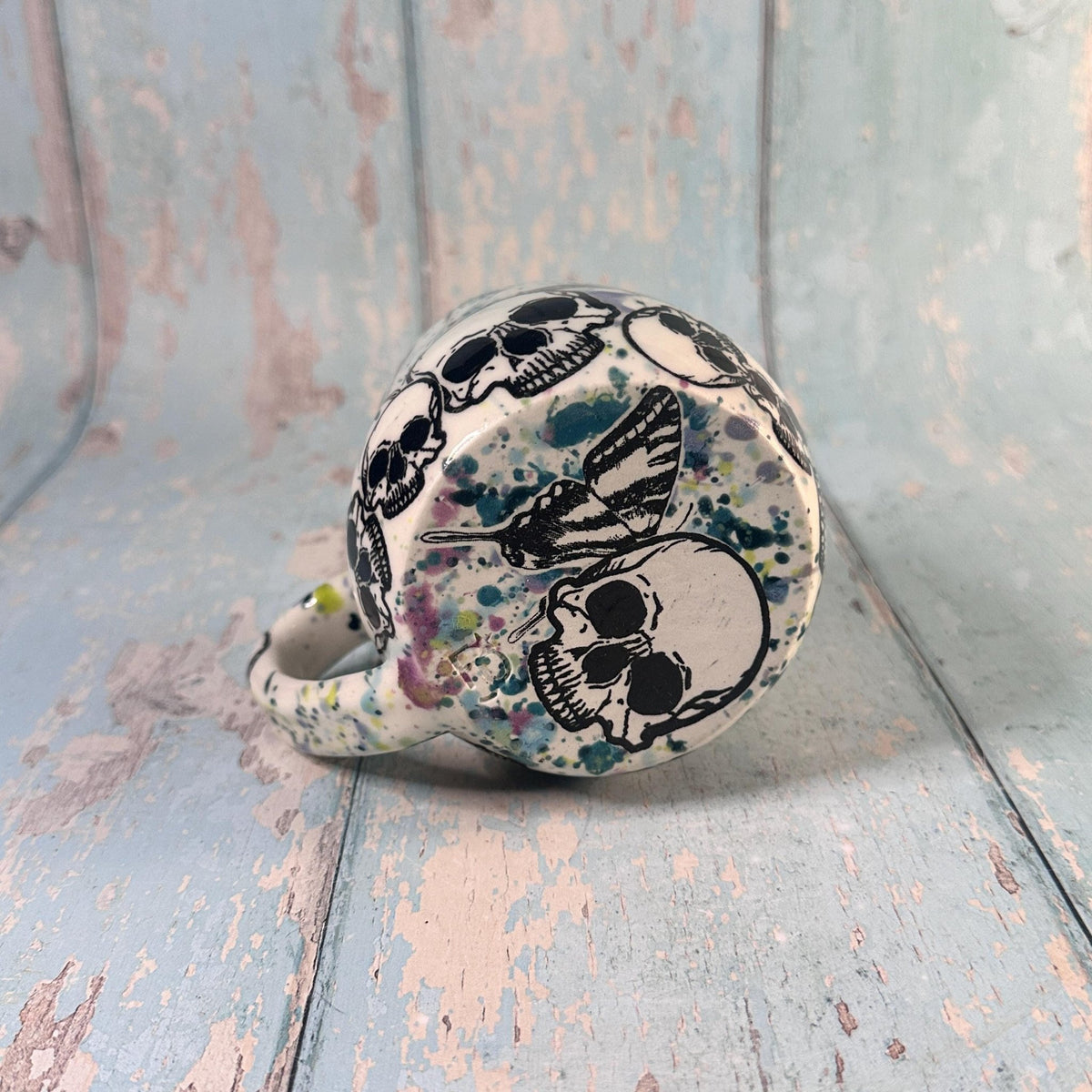 Skull and Butterfly Mug, Blue Green Handmade Ceramic Cup - FJD Ceramics
