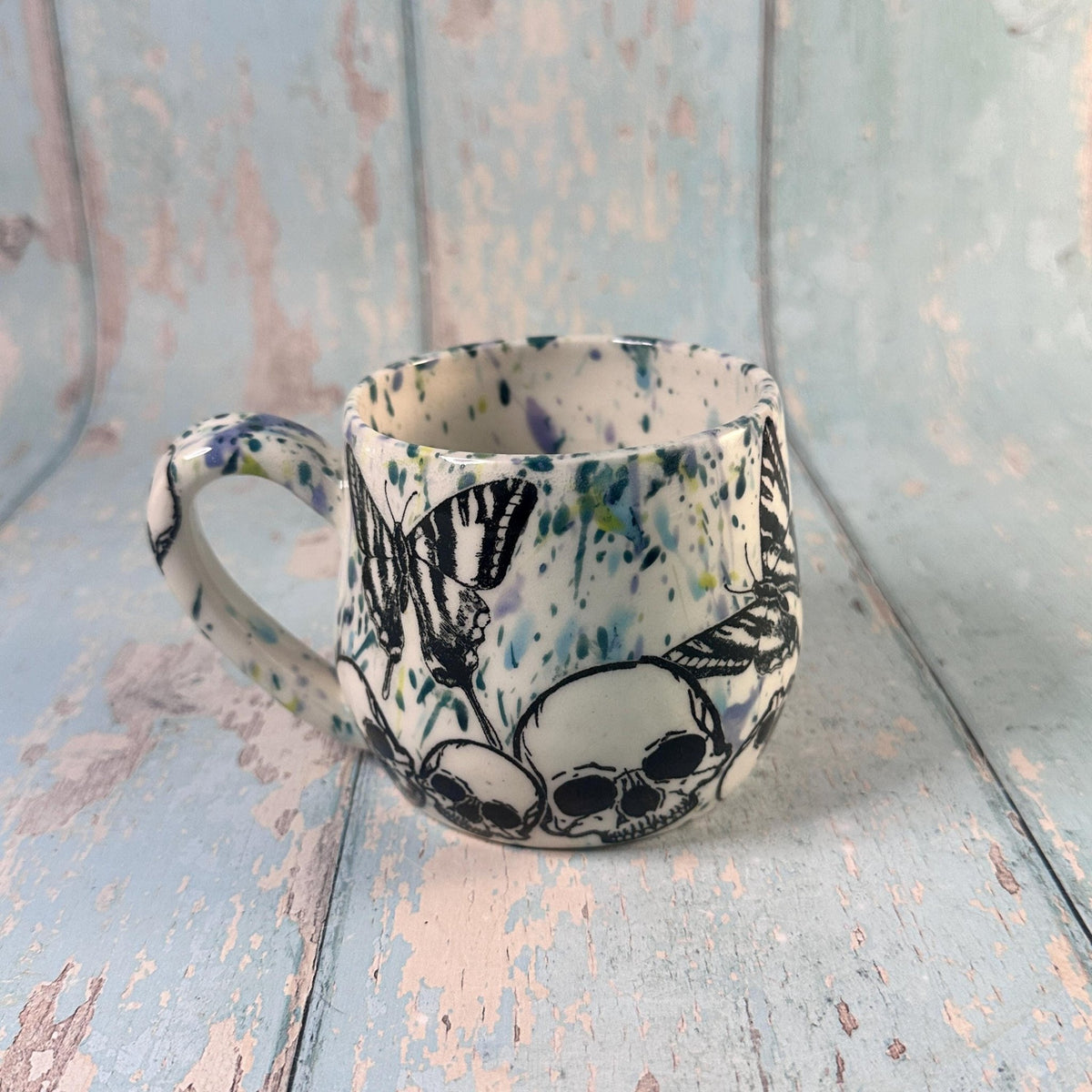 Skull and Butterfly Mug, Blue Green Handmade Ceramic Cup - FJD Ceramics