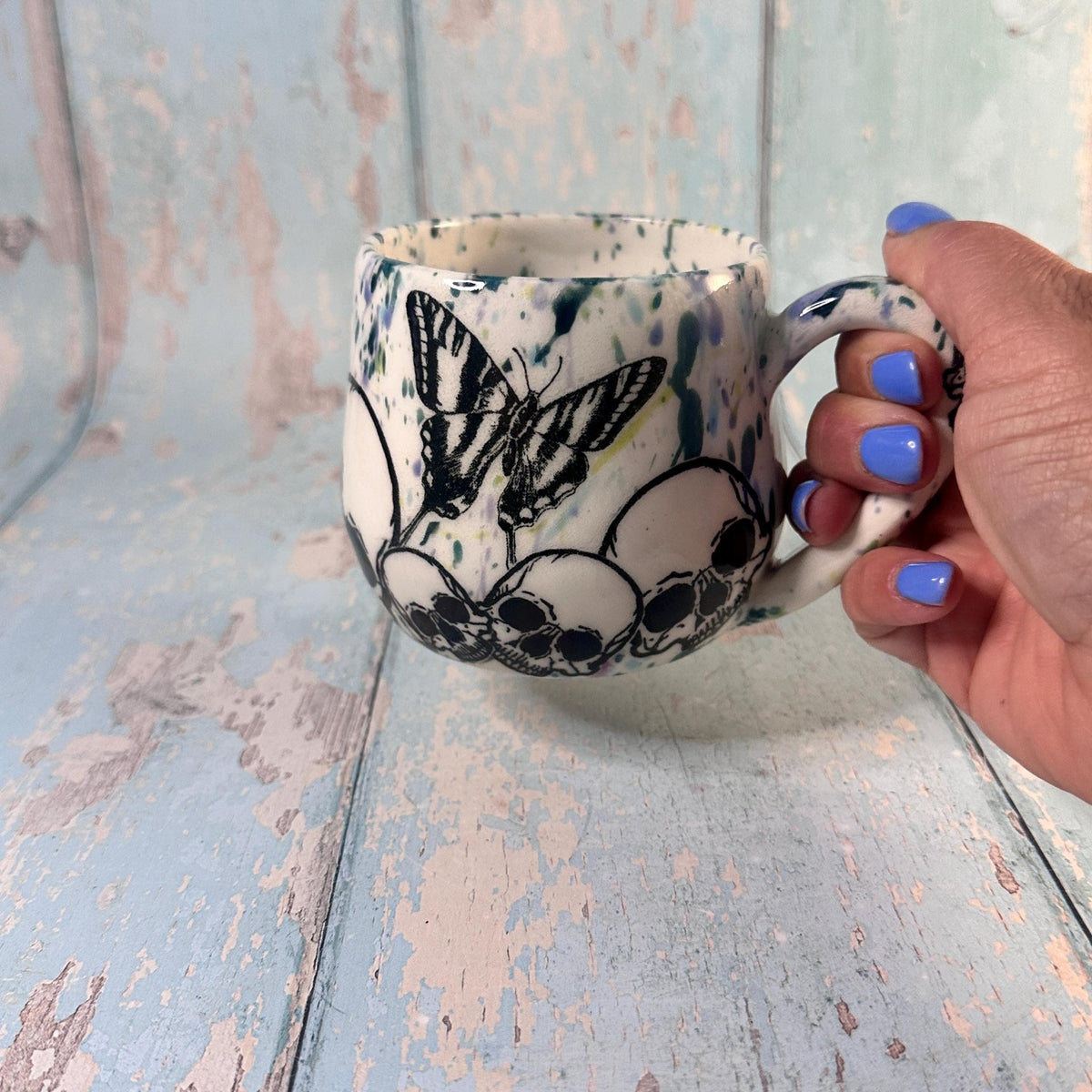 Skull and Butterfly Mug, Blue Green Handmade Ceramic Cup - FJD Ceramics
