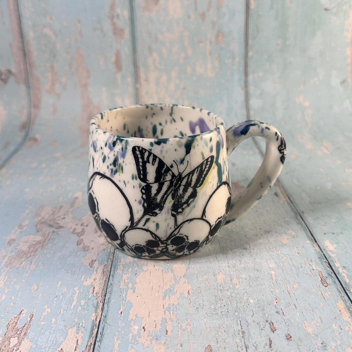Skull and Butterfly Mug, Blue Green Handmade Ceramic Cup - FJD Ceramics