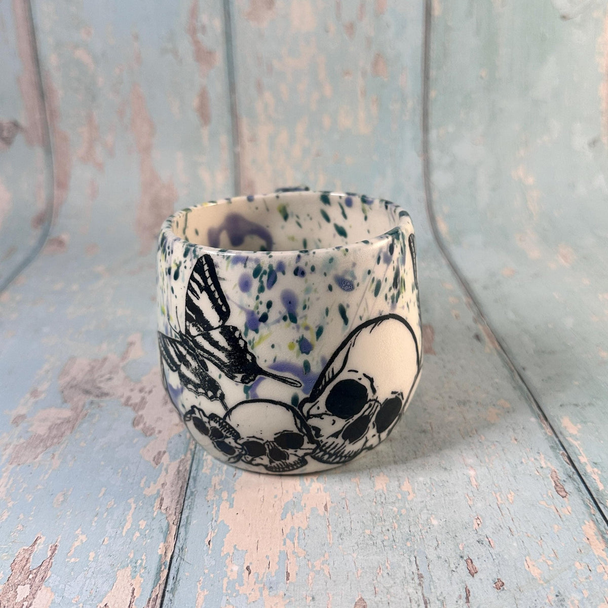 Skull and Butterfly Mug, Blue Green Handmade Ceramic Cup - FJD Ceramics