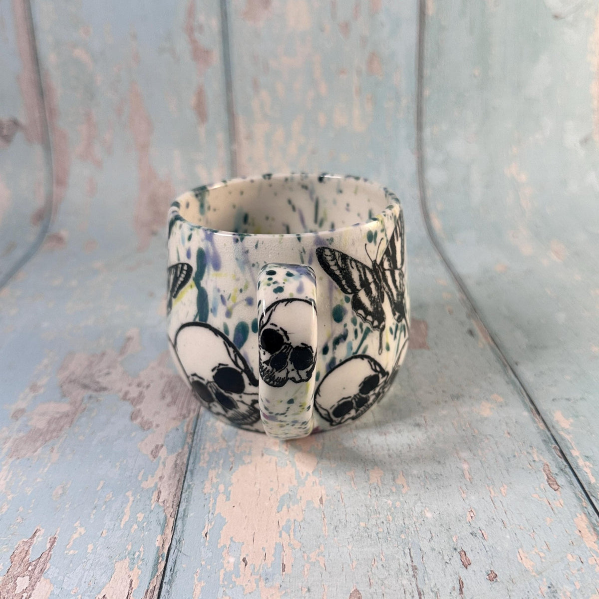 Skull and Butterfly Mug, Blue Green Handmade Ceramic Cup - FJD Ceramics