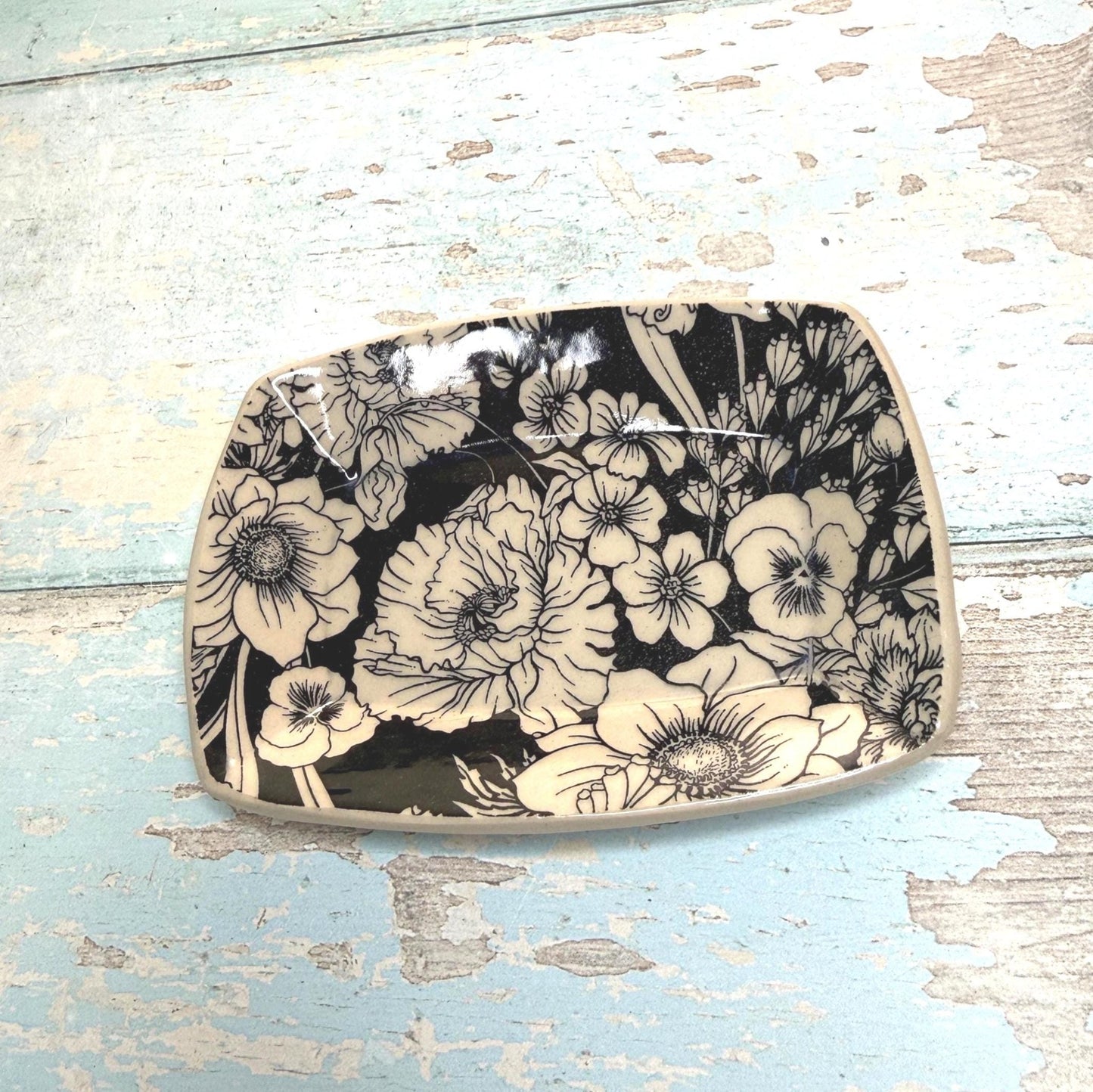 Small Black & White Floral Ring Dish, Handmade Rectangle Ceramic Pot - FJD Ceramics