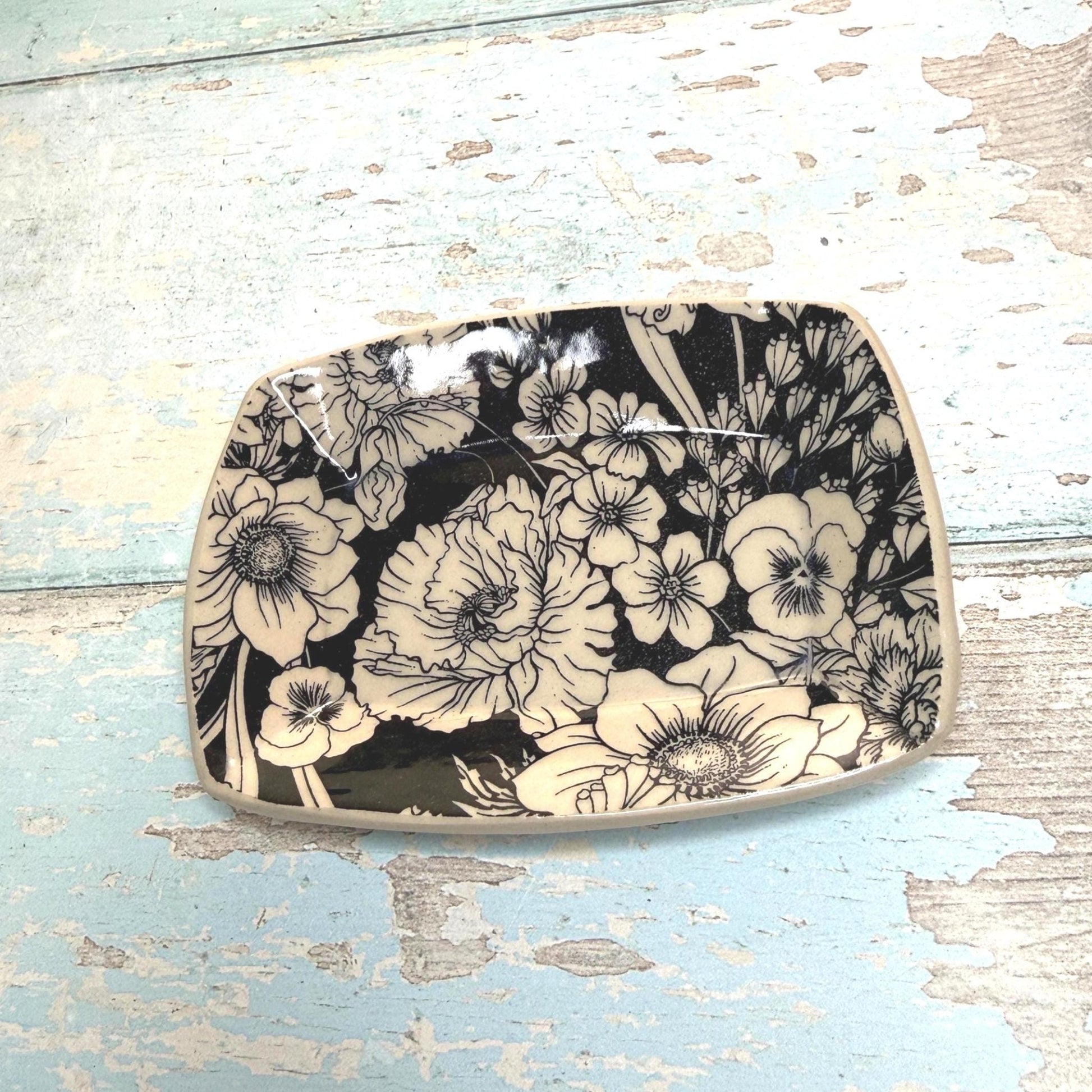 Small Black & White Floral Ring Dish, Handmade Rectangle Ceramic Pot - FJD Ceramics