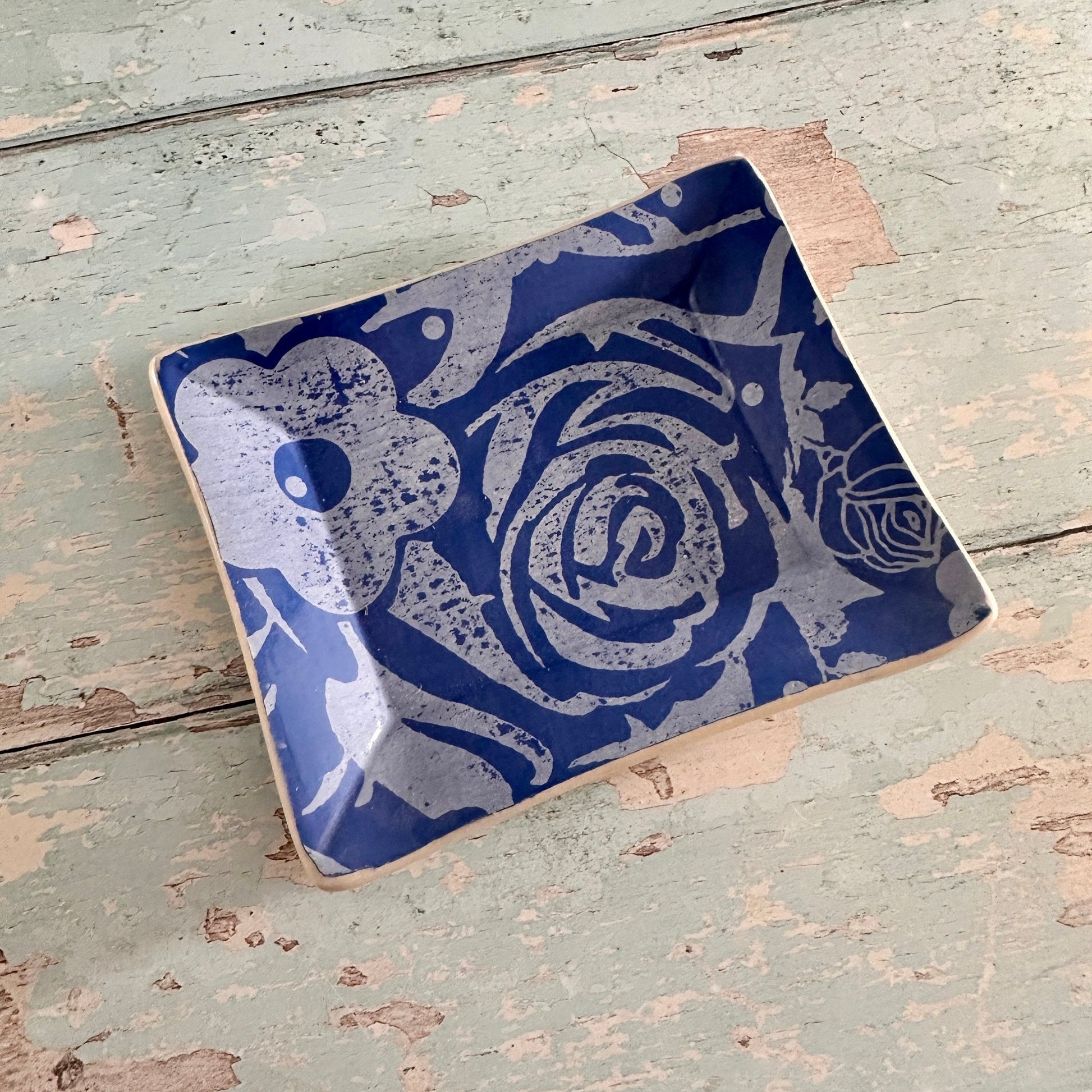 Small Floral Blue Ring Dish, Handmade Ceramic Pot - FJD Ceramics