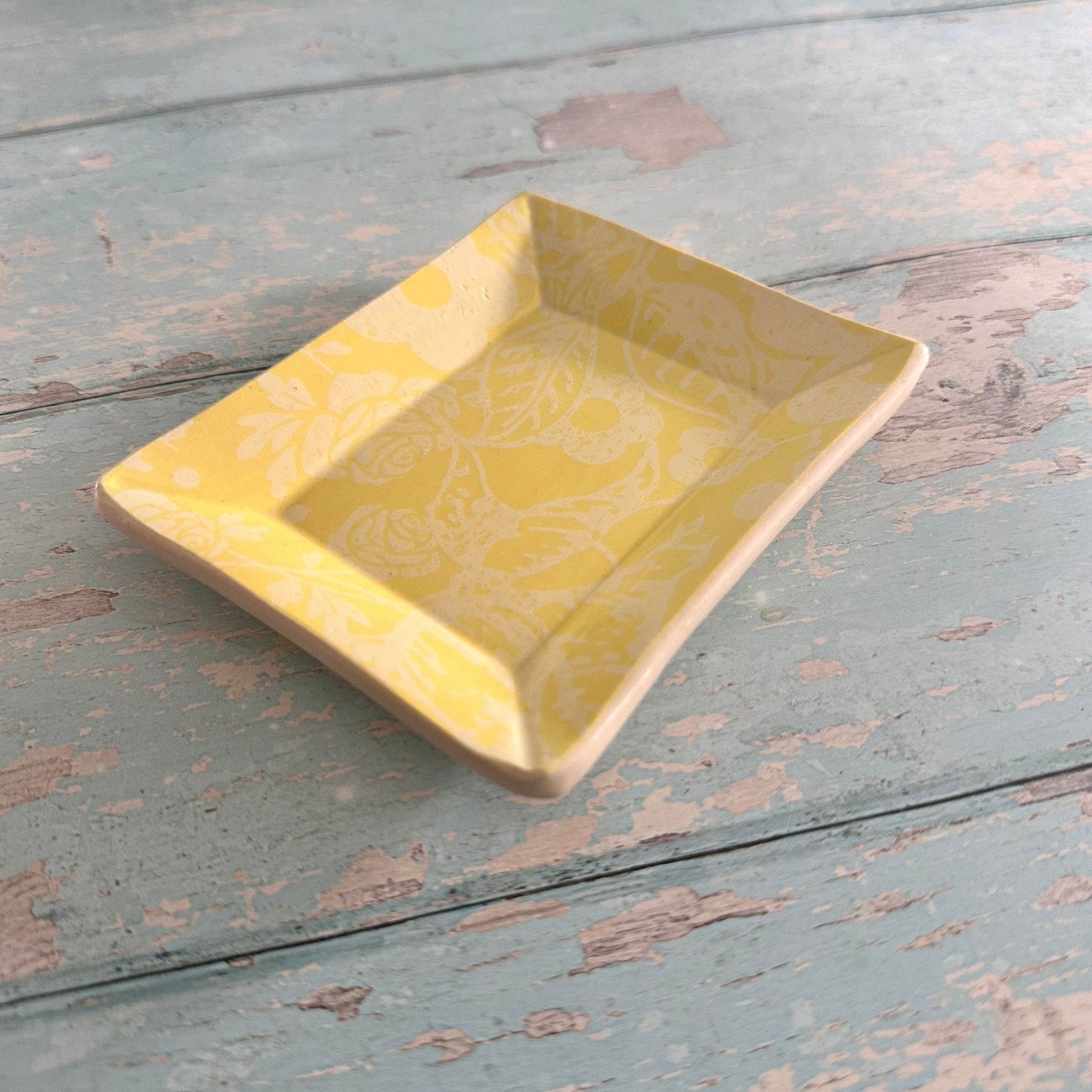 Small Floral Yellow Ring Dish, Handmade Ceramic Pot - FJD Ceramics