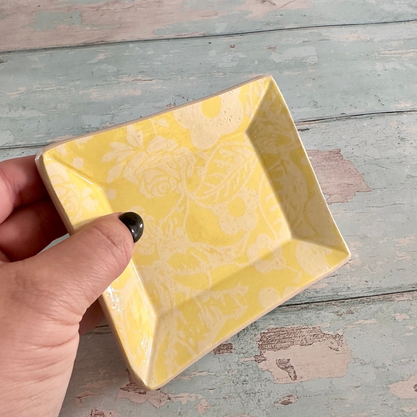 Small Floral Yellow Ring Dish, Handmade Ceramic Pot - FJD Ceramics