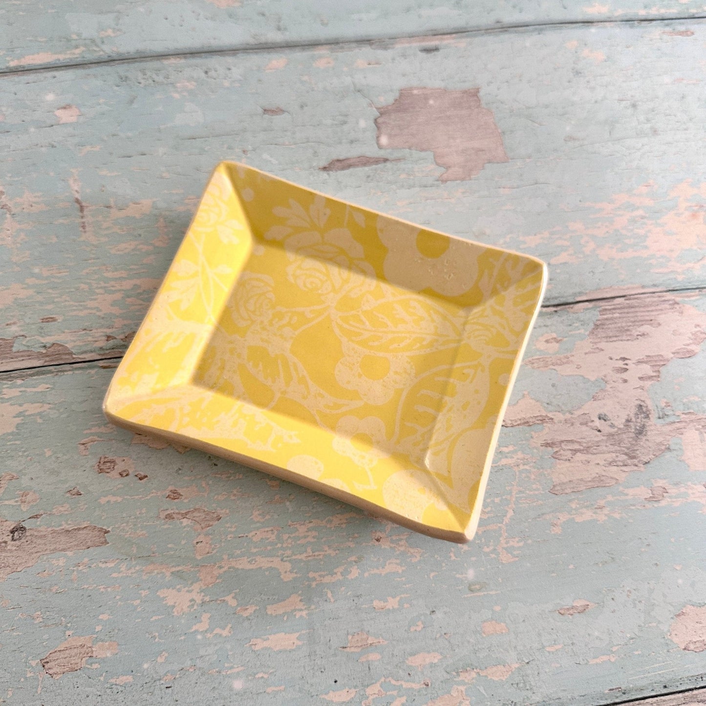 Small Floral Yellow Ring Dish, Handmade Ceramic Pot - FJD Ceramics