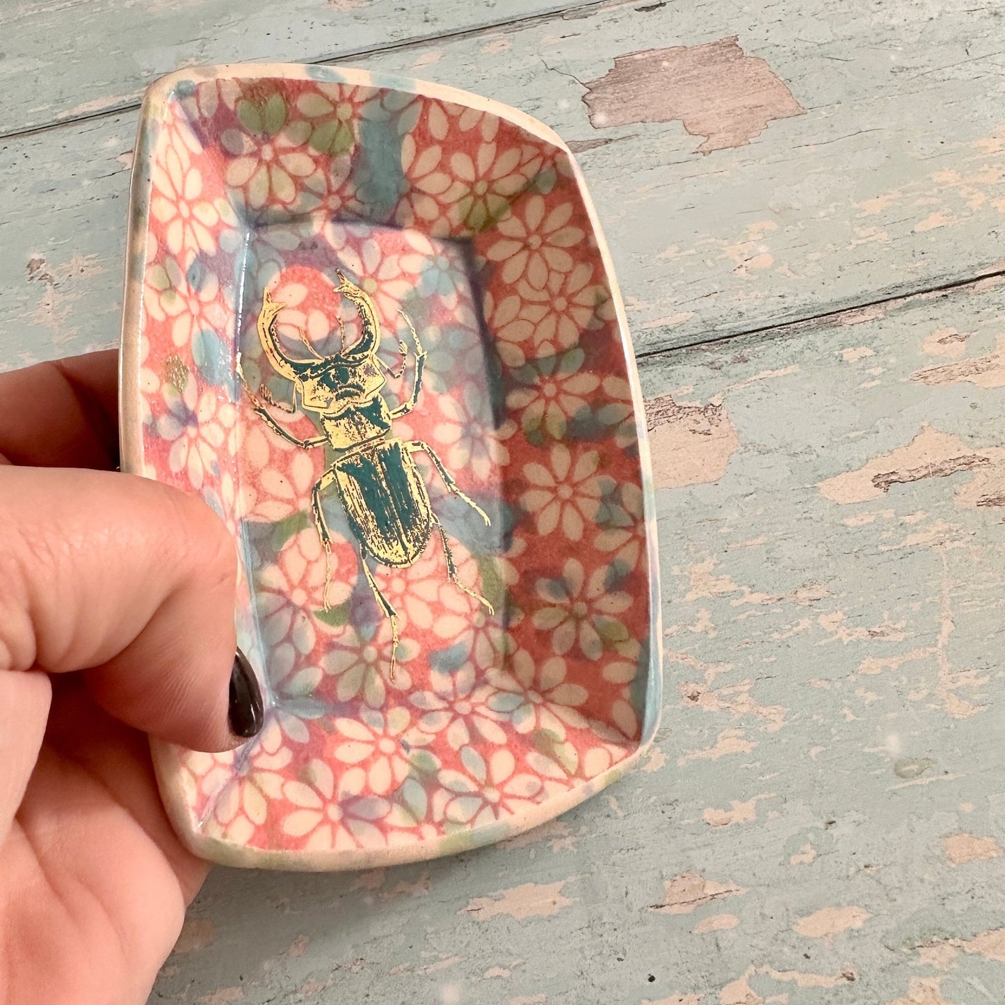 Small Pink and Gold Beetle Ring Dish, Handmade Ceramic Pot - FJD Ceramics